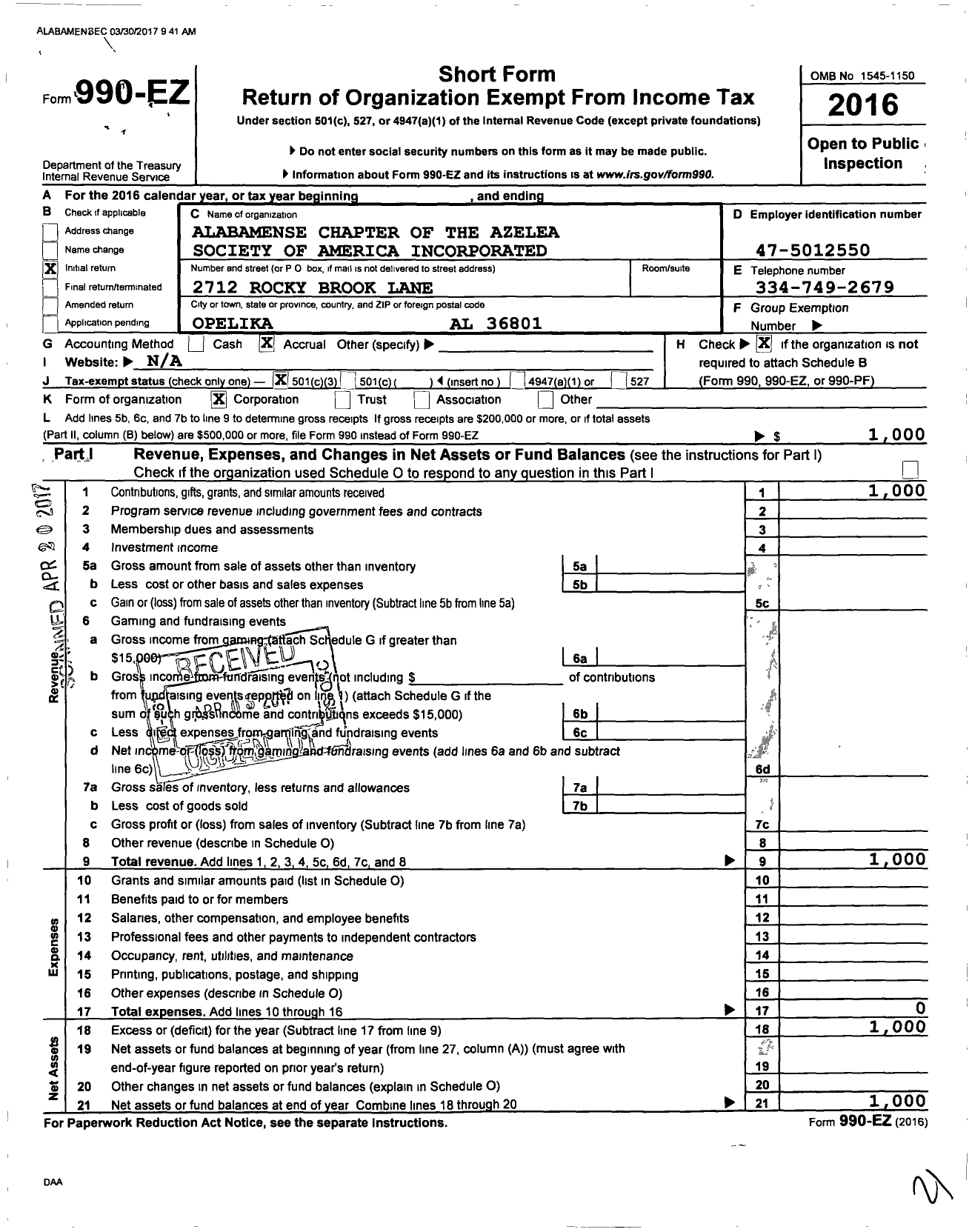 Image of first page of 2016 Form 990EZ for Alabamense Chapter of the Azelea So Ciety of America Incorporated