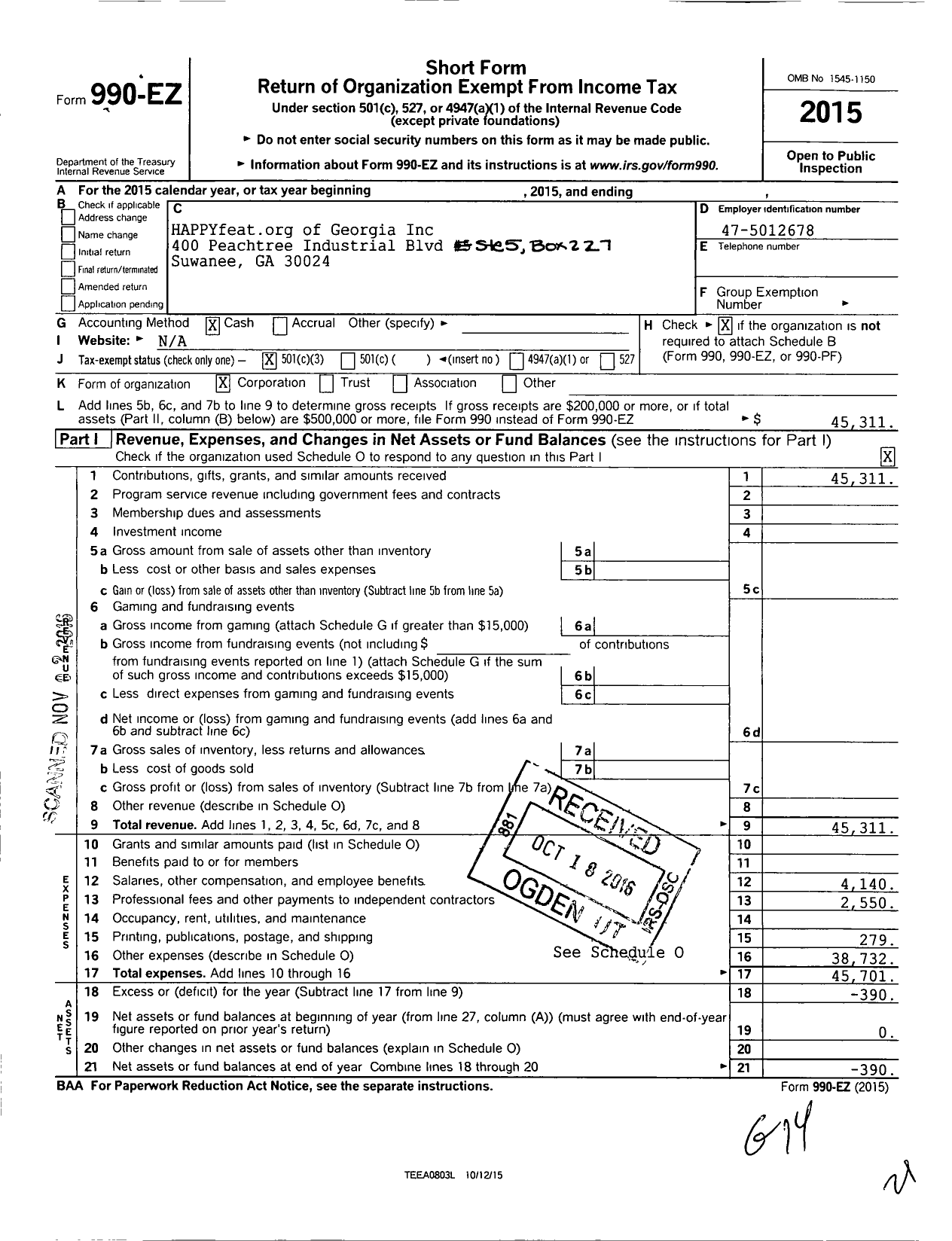 Image of first page of 2015 Form 990EZ for Happyfeat of Georgia