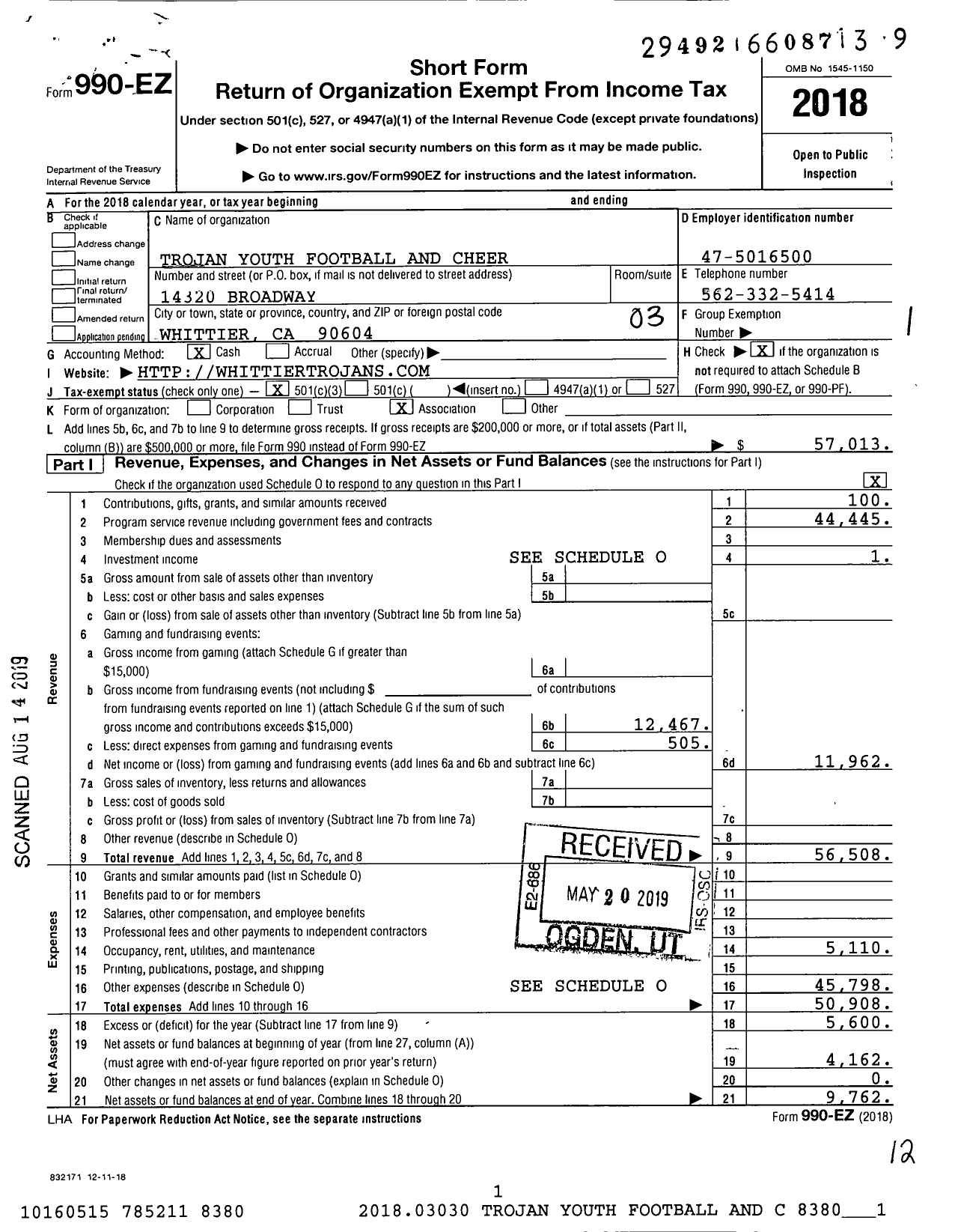 Image of first page of 2018 Form 990EZ for Trojan Youth Football and Cheer