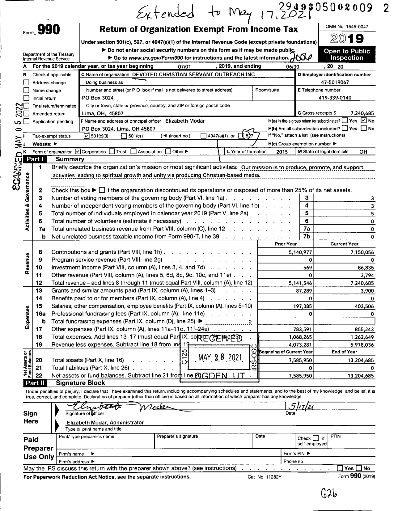 Image of first page of 2019 Form 990 for Devoted Christian Servant Outreach