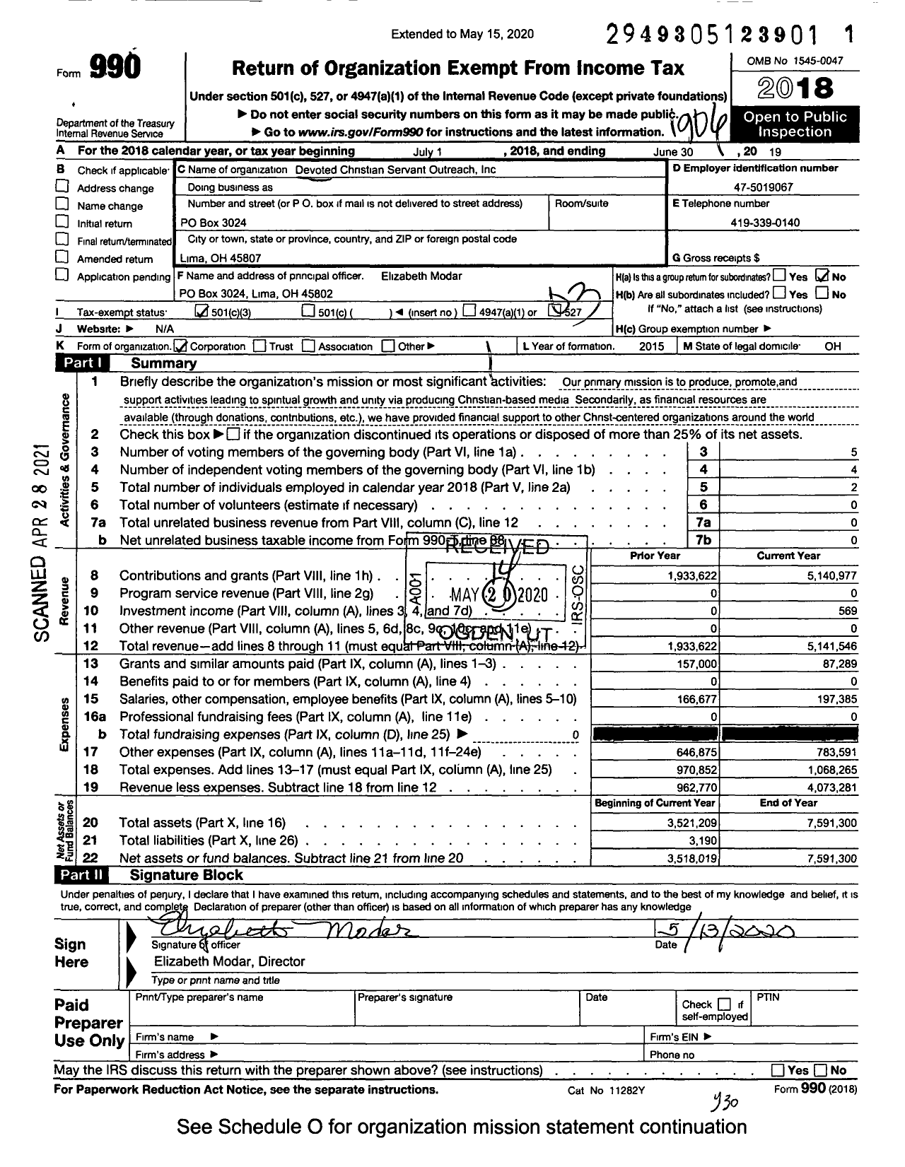 Image of first page of 2018 Form 990 for Devoted Christian Servant Outreach