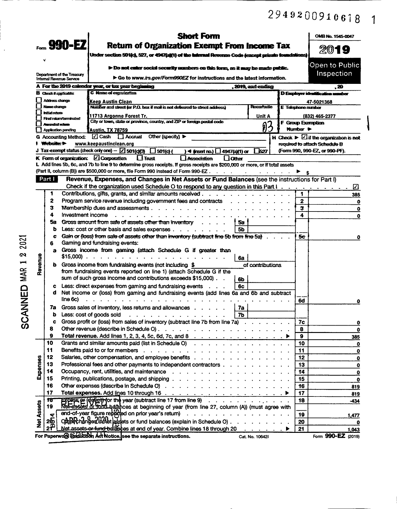 Image of first page of 2019 Form 990EZ for Keep Austin Clean