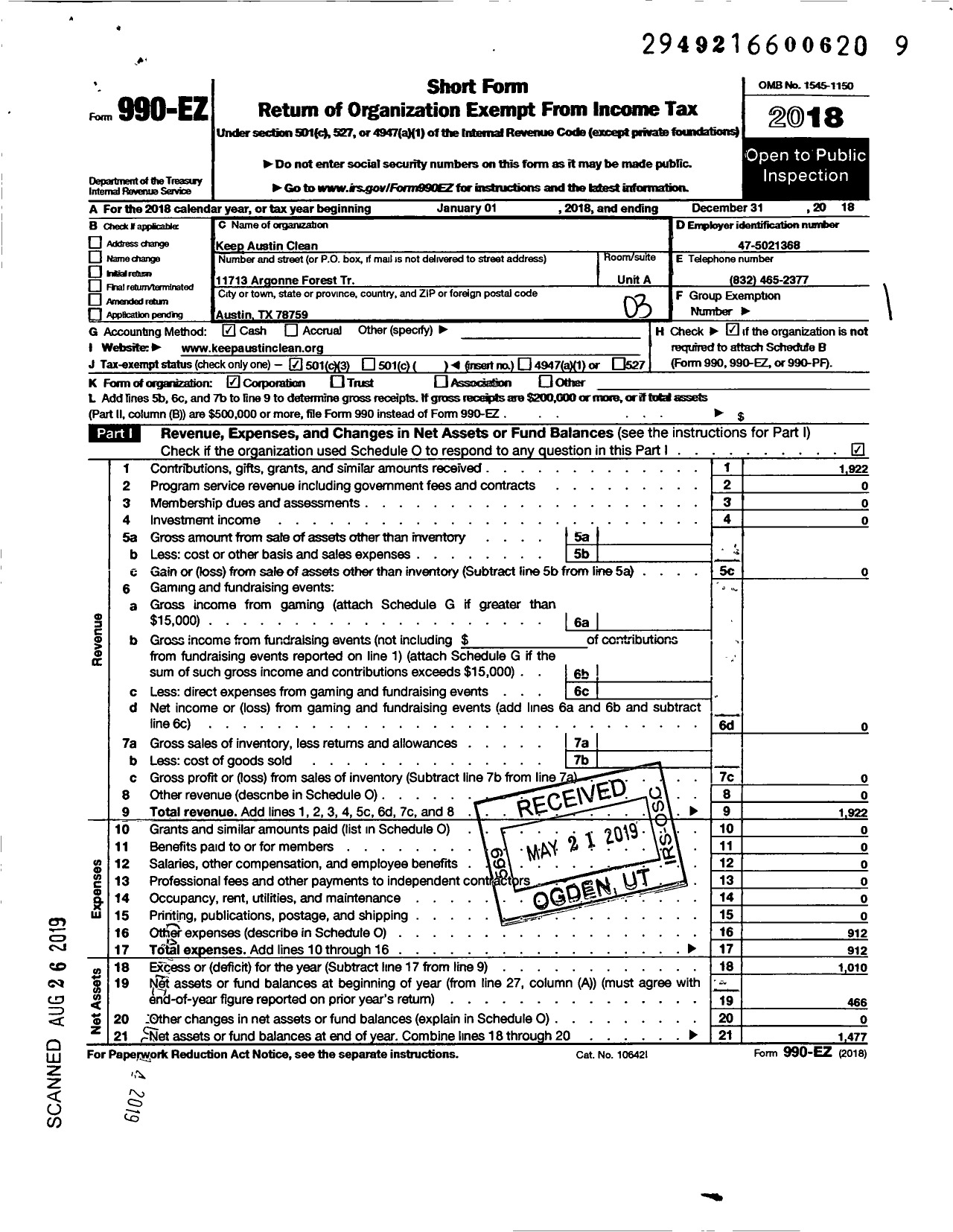 Image of first page of 2018 Form 990EZ for Keep Austin Clean