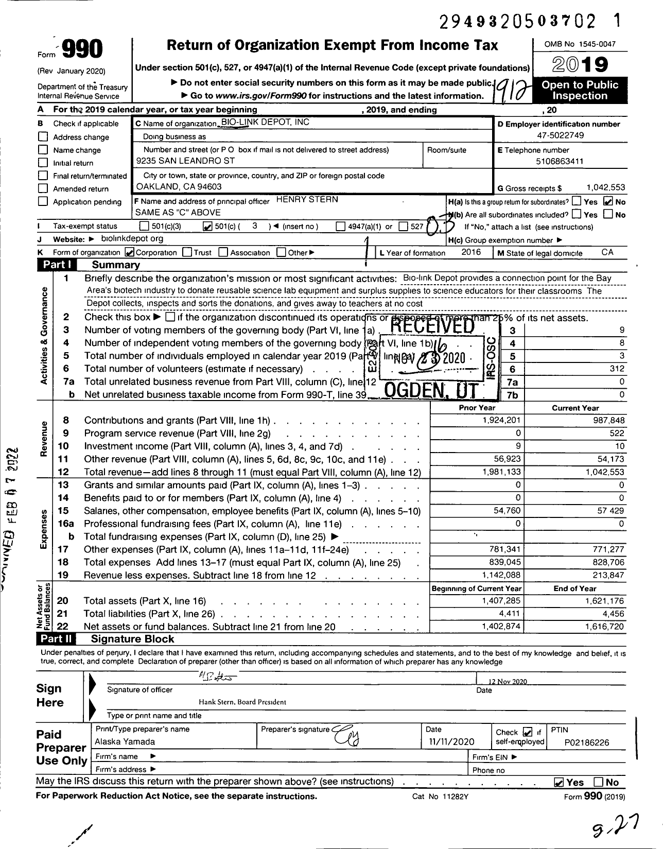 Image of first page of 2019 Form 990 for Bio-Link Depot