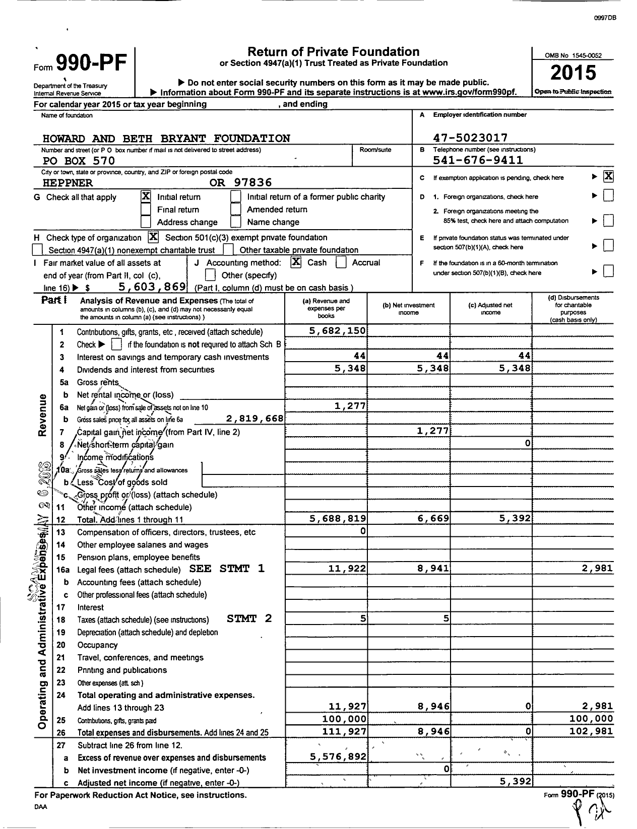 Image of first page of 2015 Form 990PF for Howard and Beth Bryant Foundation
