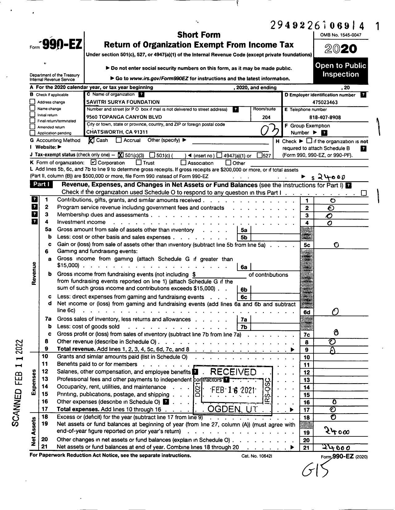 Image of first page of 2020 Form 990EZ for New Nalanda University