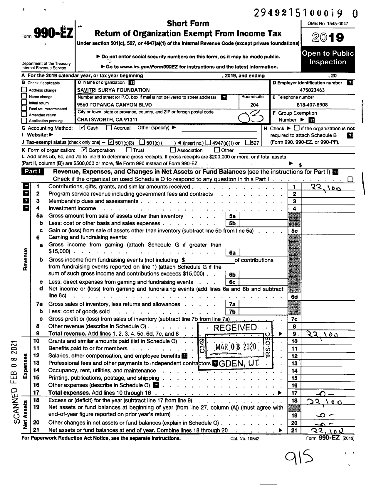 Image of first page of 2019 Form 990EZ for New Nalanda University