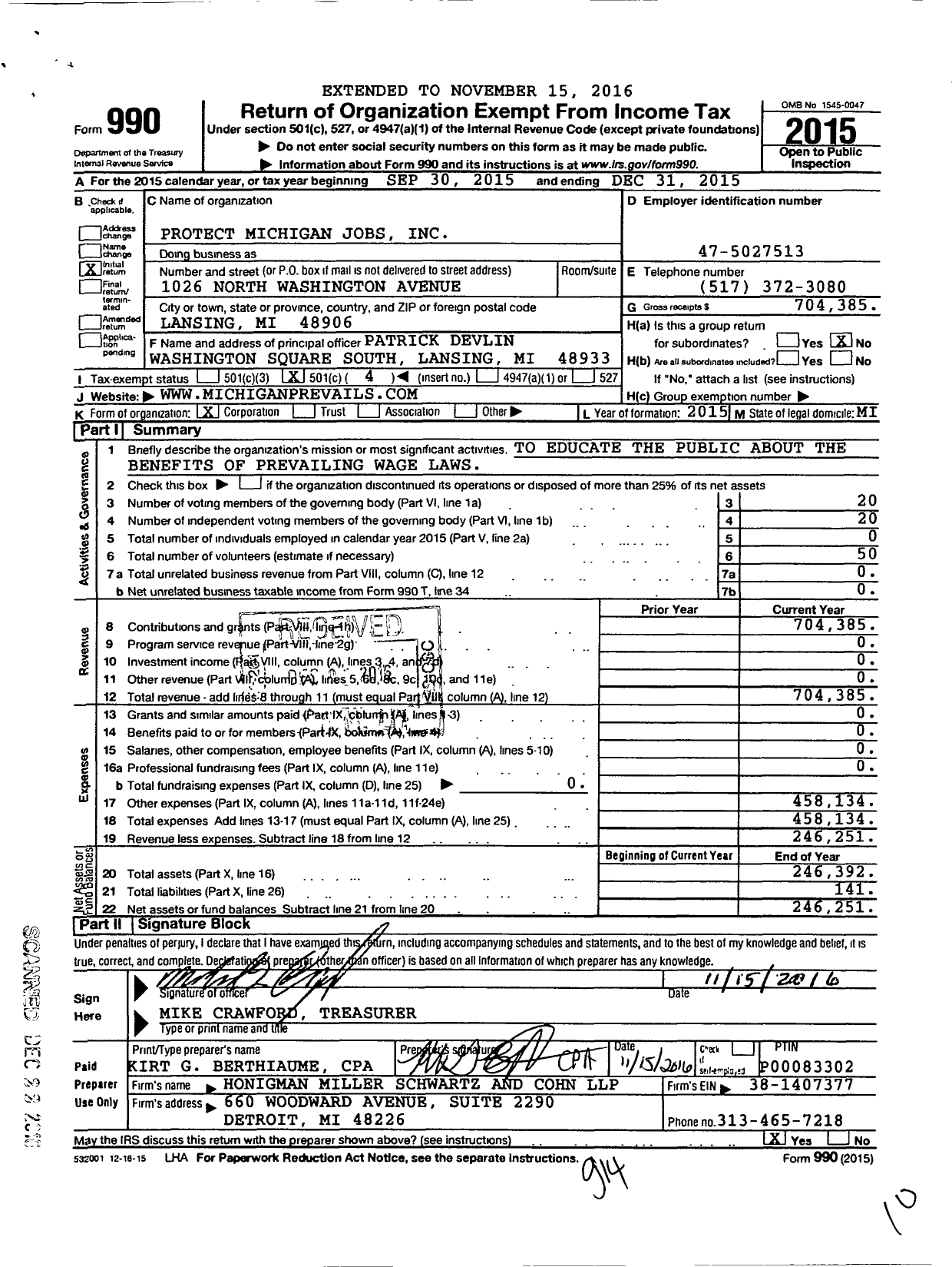 Image of first page of 2015 Form 990O for Protect Michigan Jobs