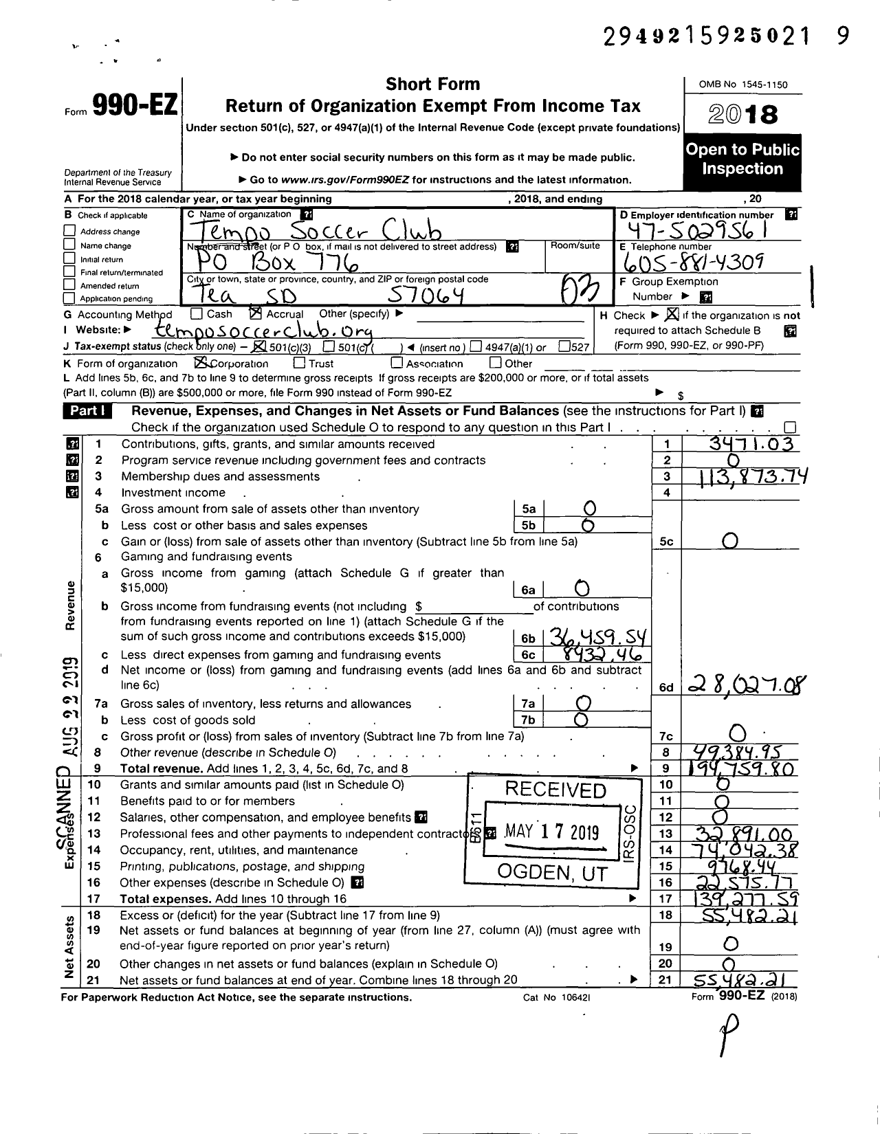 Image of first page of 2018 Form 990EZ for Tempo Soccer Club