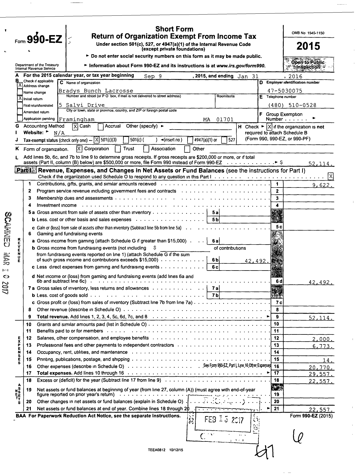 Image of first page of 2015 Form 990EZ for Bradys Bunch Lacrosse