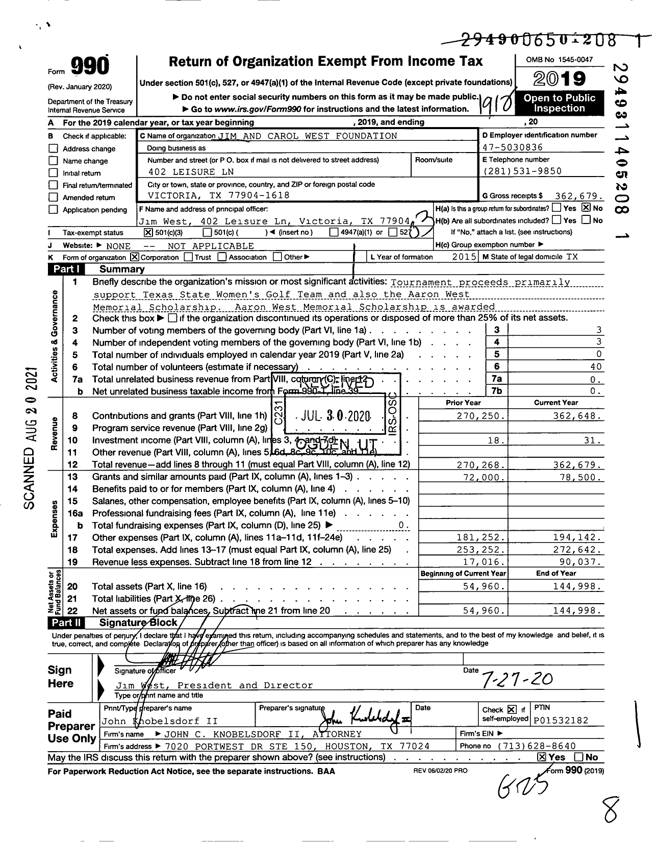 Image of first page of 2019 Form 990 for Jim and Carol West Foundation