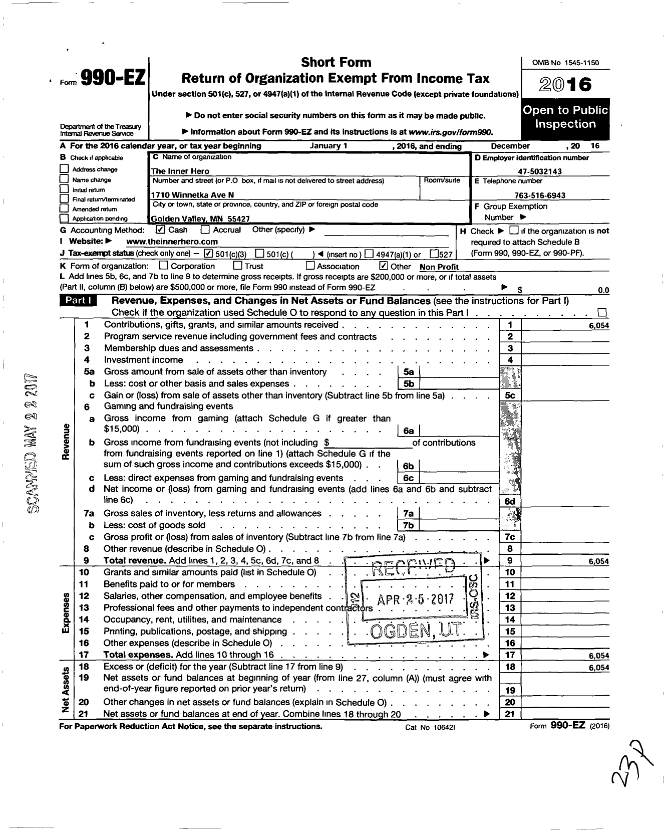 Image of first page of 2016 Form 990EZ for The Inner Hero