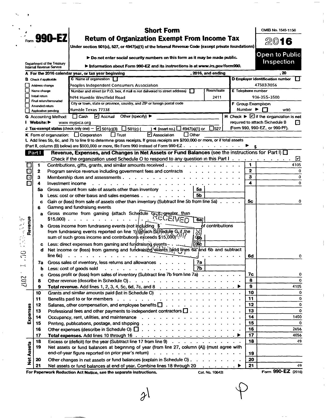 Image of first page of 2016 Form 990EZ for Peoples Independent Consumers Association