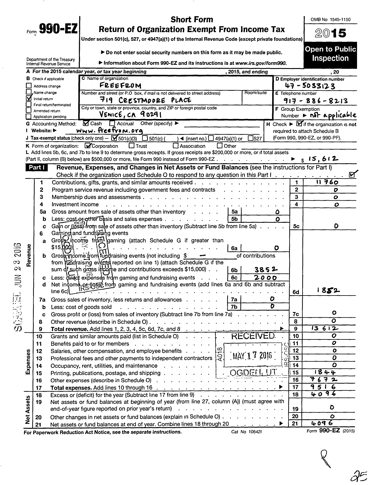 Image of first page of 2015 Form 990EZ for FreeFrom