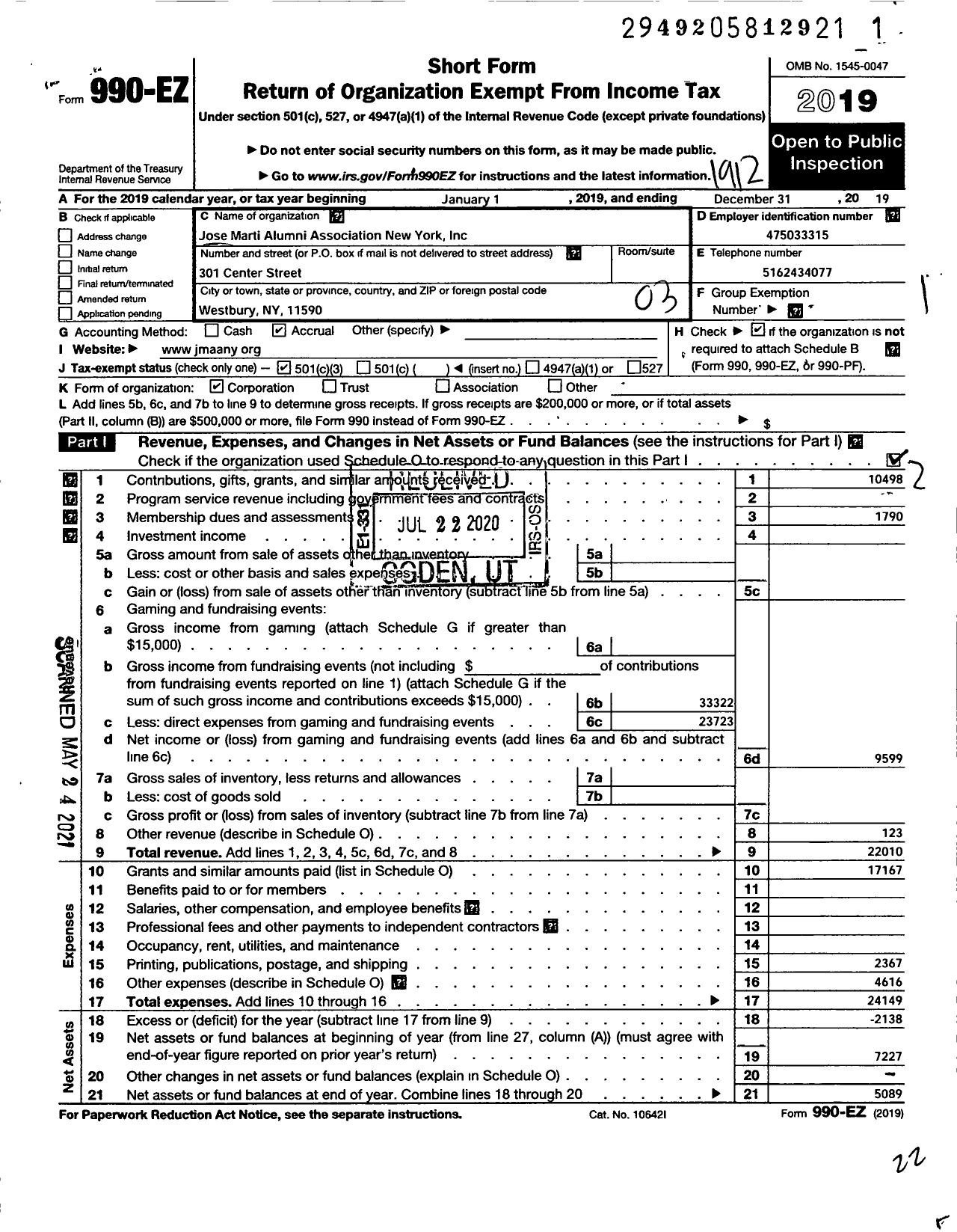 Image of first page of 2019 Form 990EZ for Jose Marti Alumni Association New York