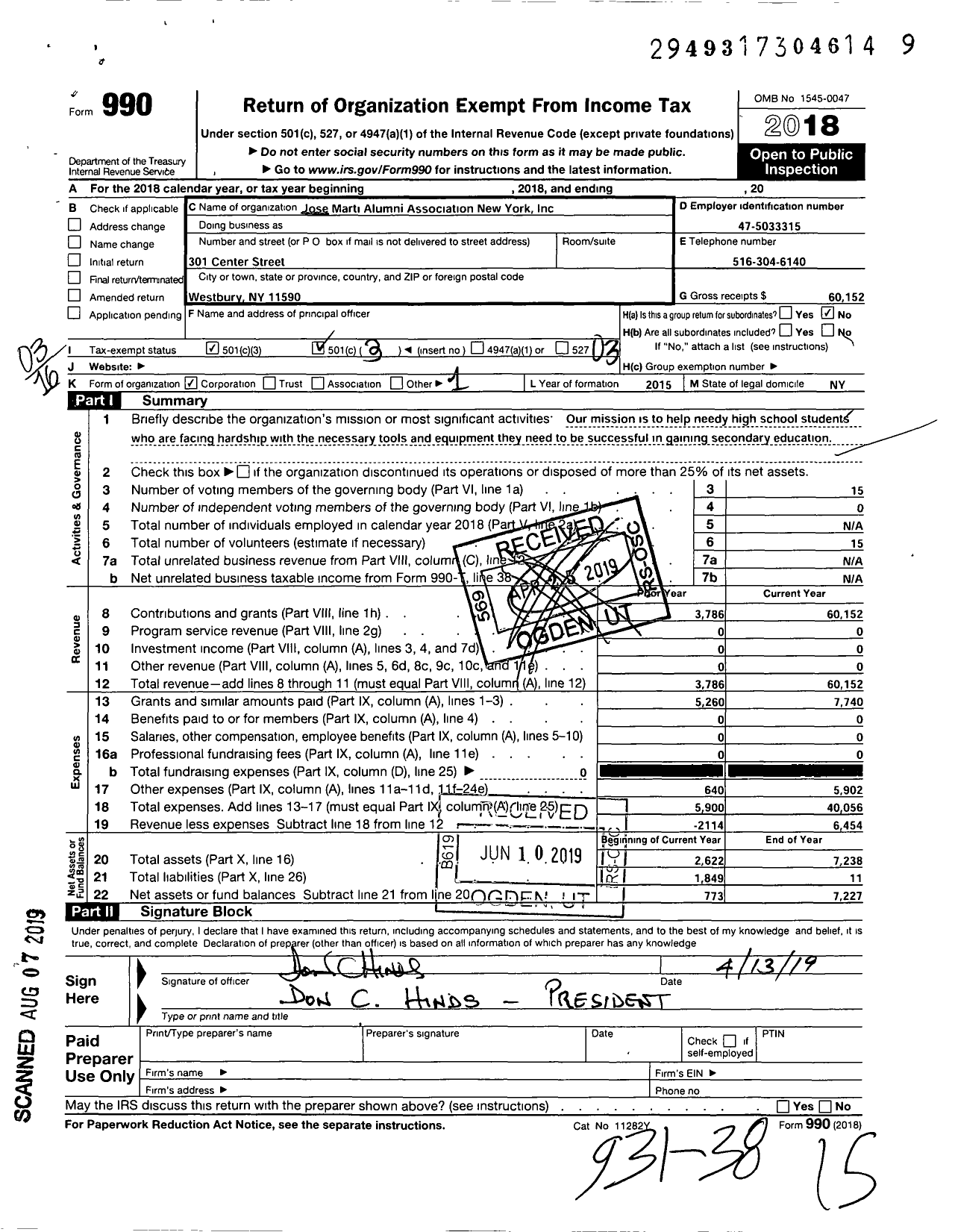 Image of first page of 2018 Form 990 for Jose Marti Alumni Association New York