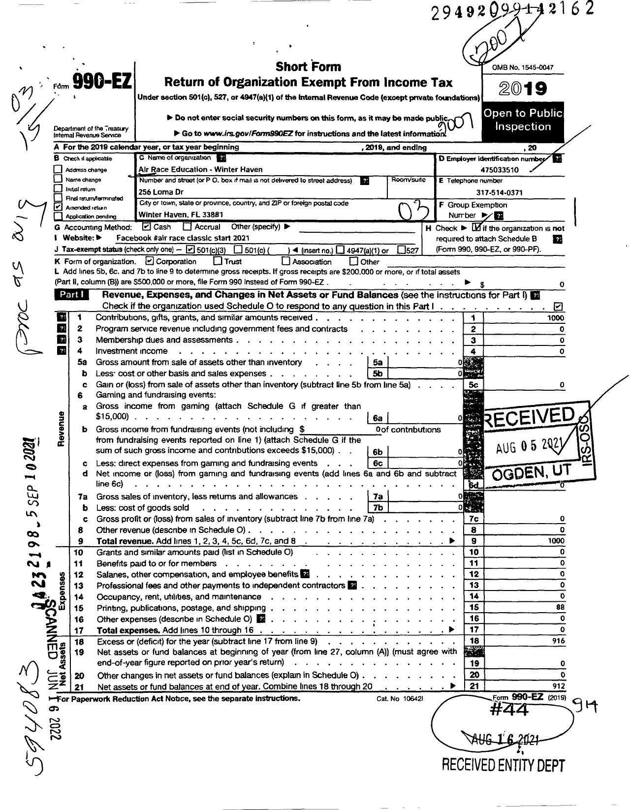 Image of first page of 2019 Form 990EZ for Air Race Education-Lakeland