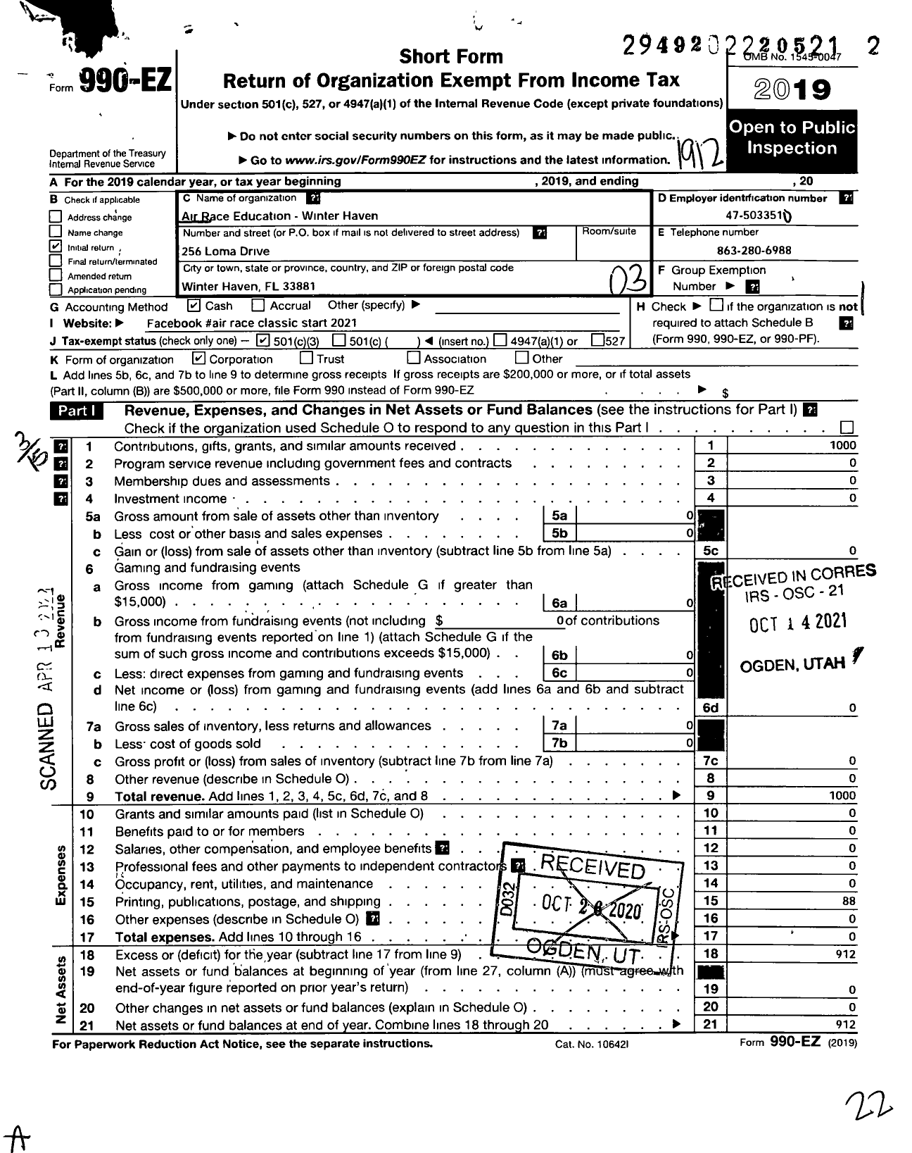 Image of first page of 2019 Form 990EZ for Air Race Education-Lakeland