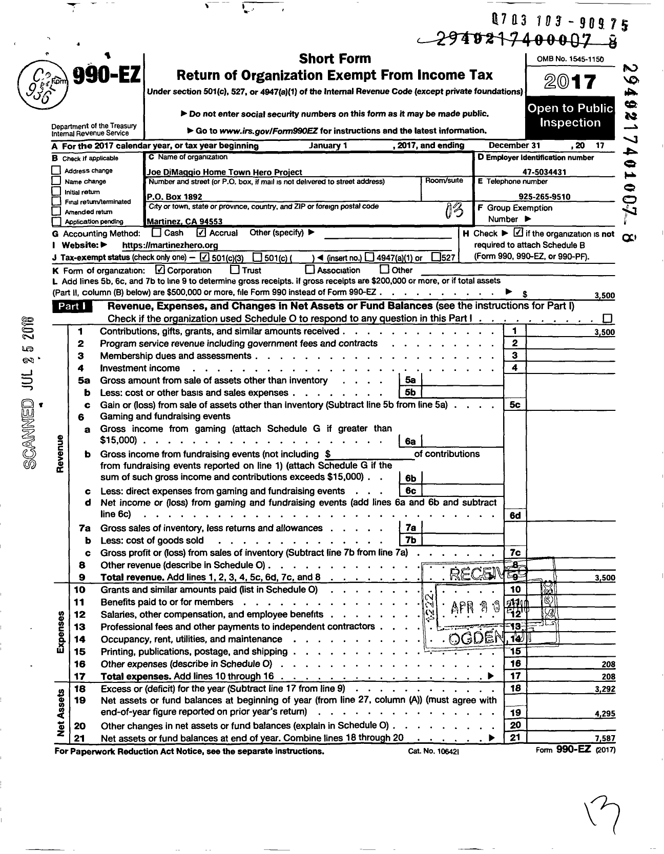 Image of first page of 2017 Form 990EZ for Joe Dimaggio Hometown Hero Project