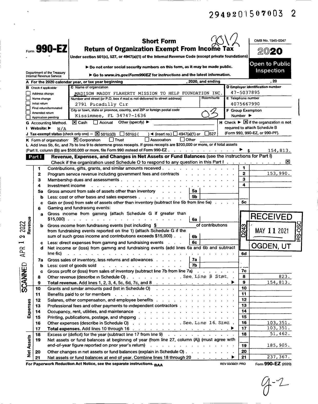 Image of first page of 2020 Form 990EZ for Madison Maddy Flaherty Mission To Help Foundation