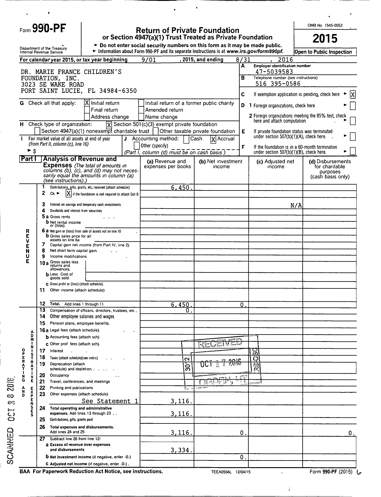 Image of first page of 2015 Form 990PF for Dr Marie France Childrens Foundation