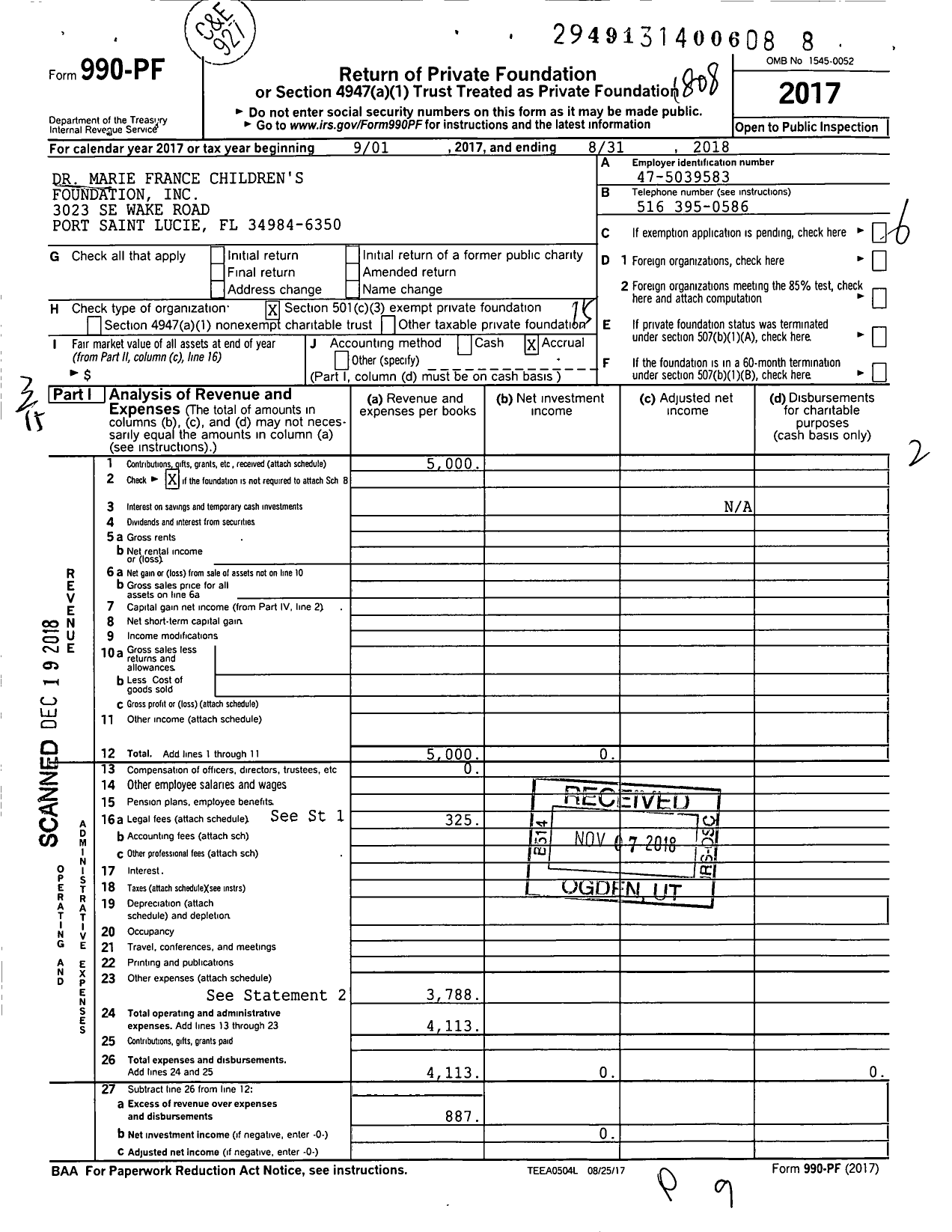 Image of first page of 2017 Form 990PF for Dr Marie France Childrens Foundation