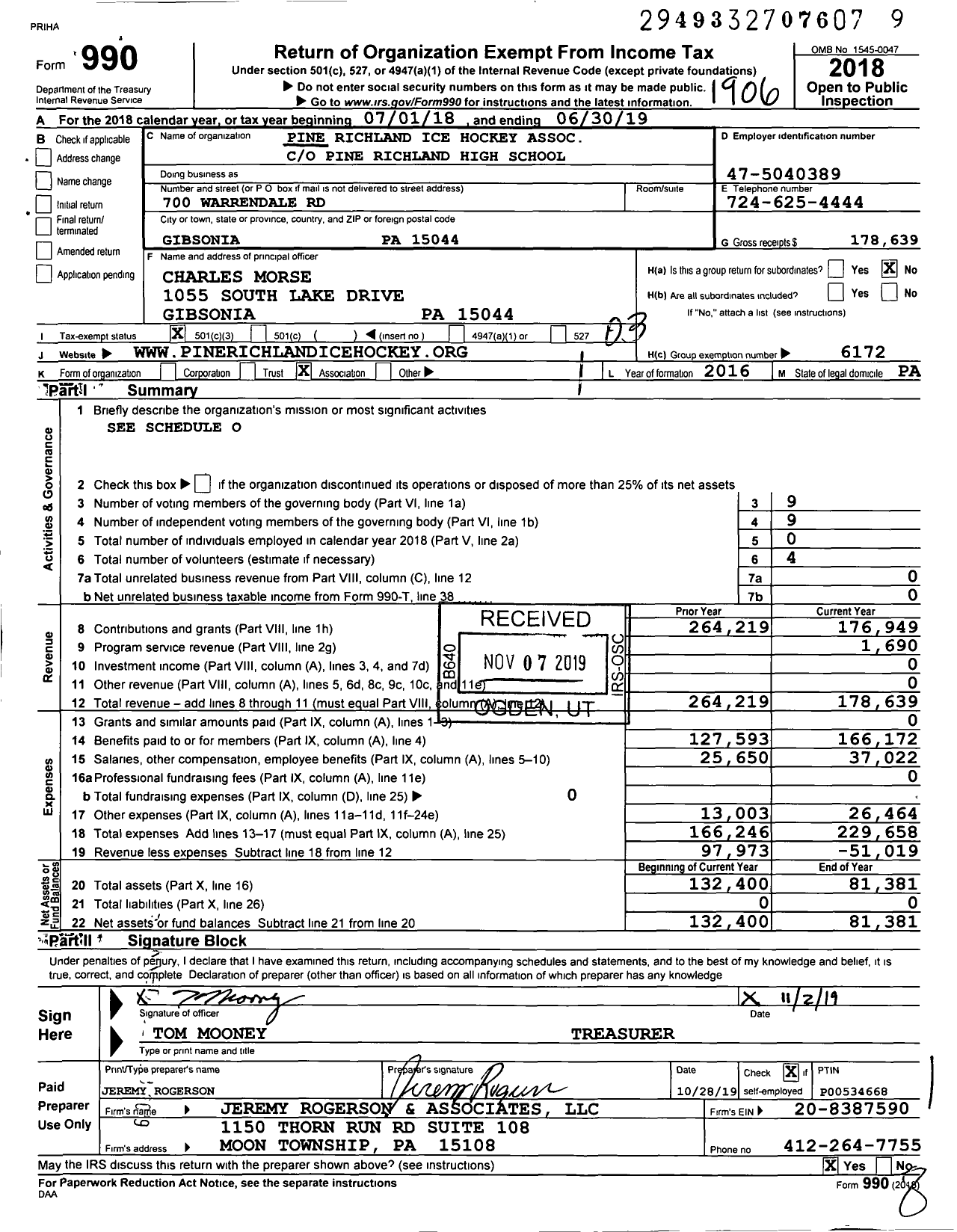 Image of first page of 2018 Form 990 for Pine Richland Ice Hockey Association