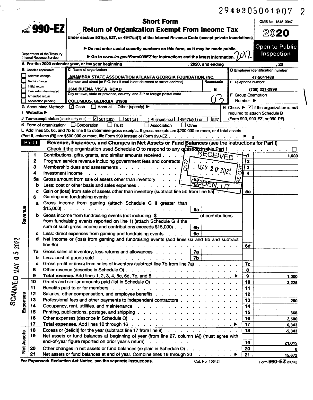 Image of first page of 2020 Form 990EZ for Anambra State Association Atlanta Georgia Foundation