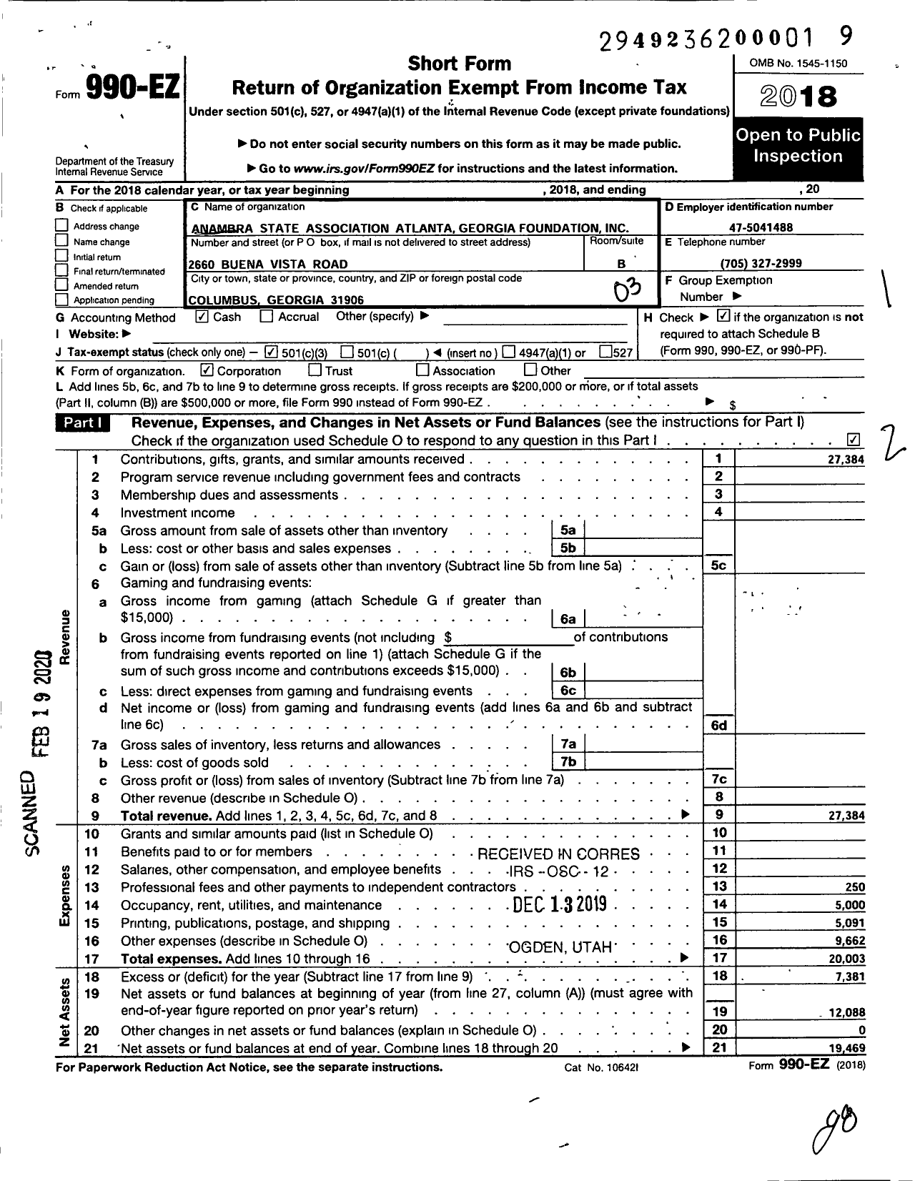 Image of first page of 2018 Form 990EZ for Anambra State Association Atlanta Georgia Foundation