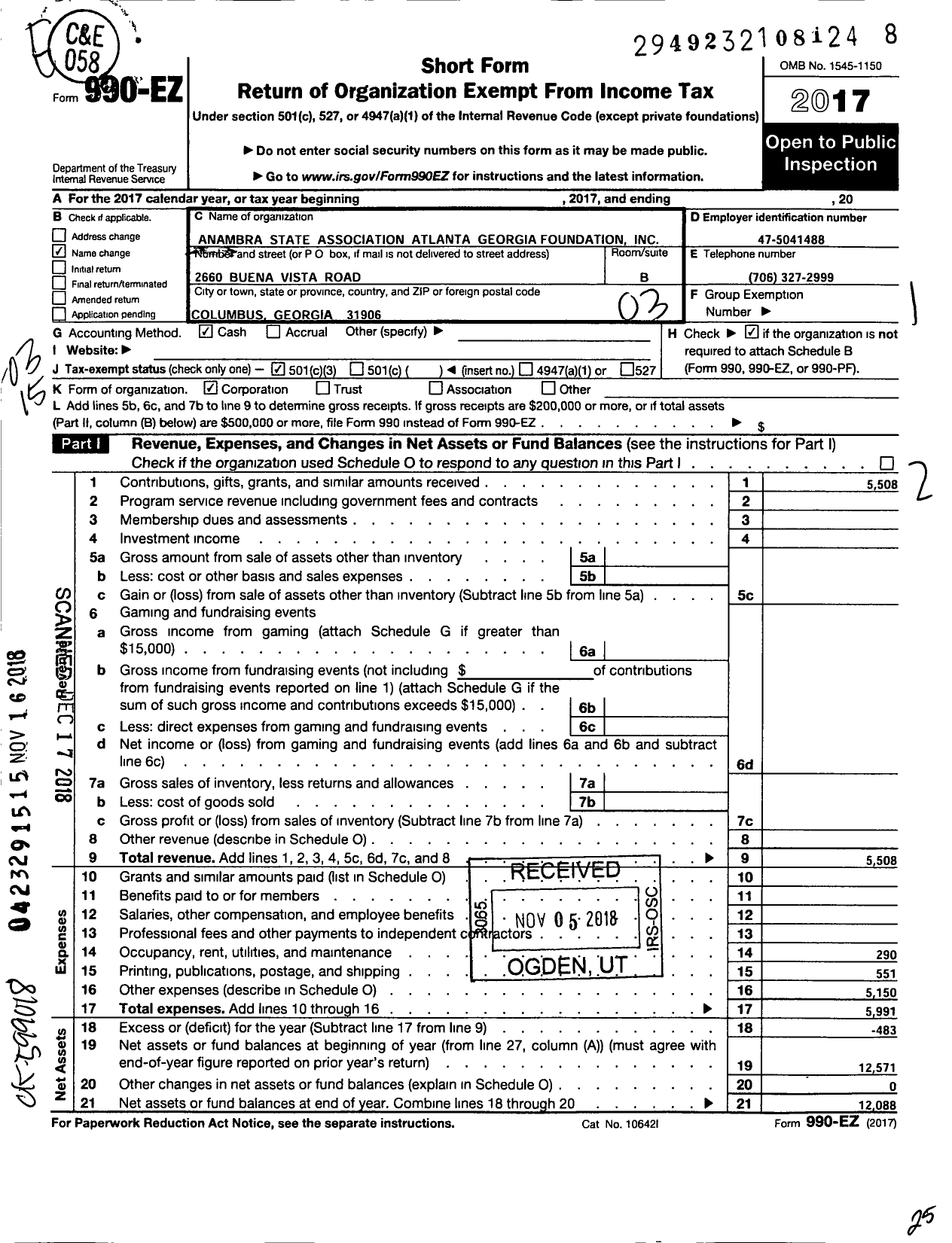 Image of first page of 2017 Form 990EZ for Anambra State Association Atlanta Georgia Foundation