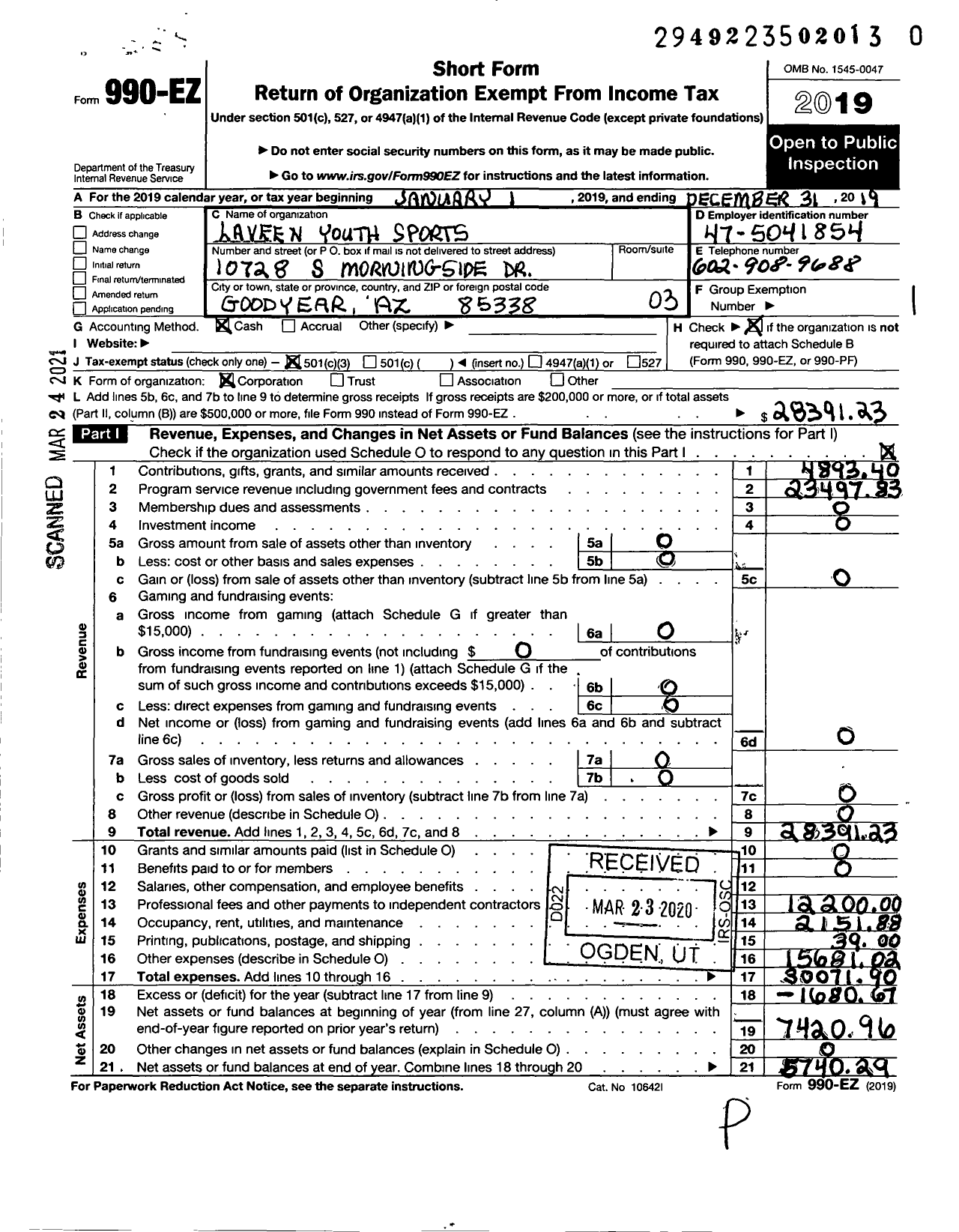 Image of first page of 2019 Form 990EZ for Laveen Youth Sports