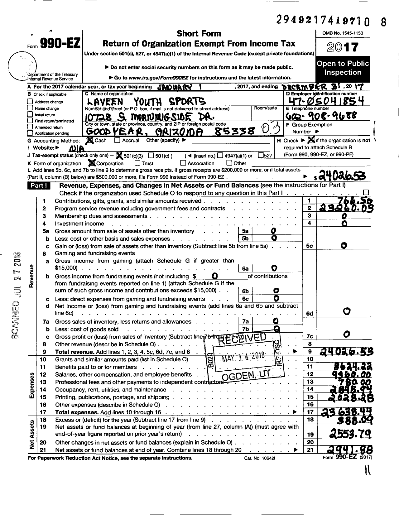 Image of first page of 2017 Form 990EZ for Laveen Youth Sports