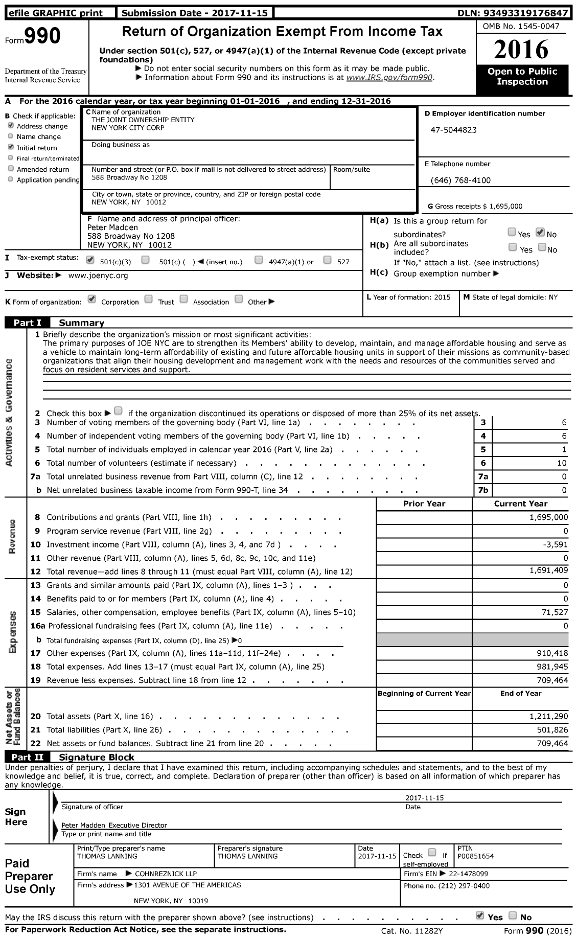 Image of first page of 2016 Form 990 for The Joint Ownership Entity New York City Corporation