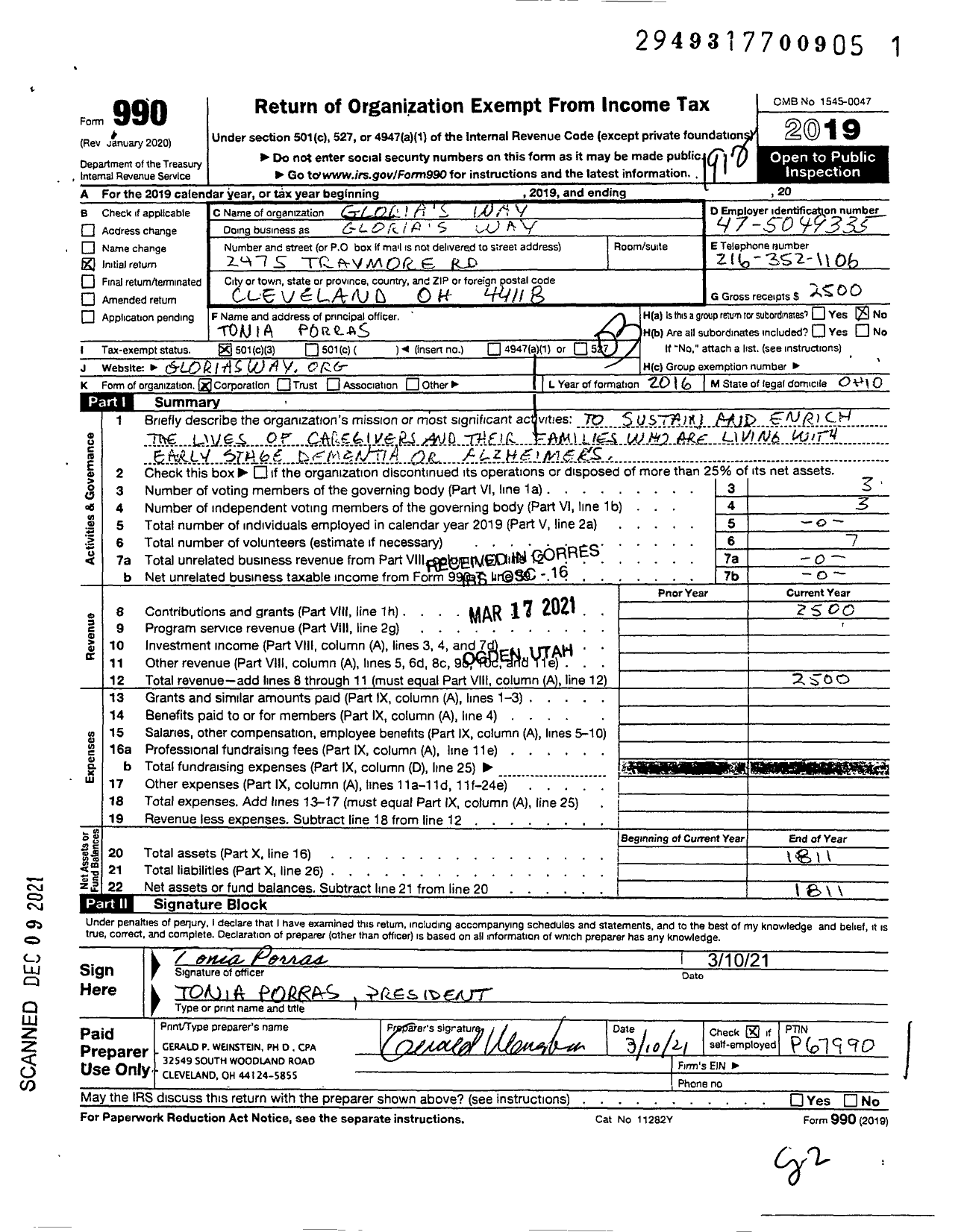 Image of first page of 2019 Form 990 for Glorias Way