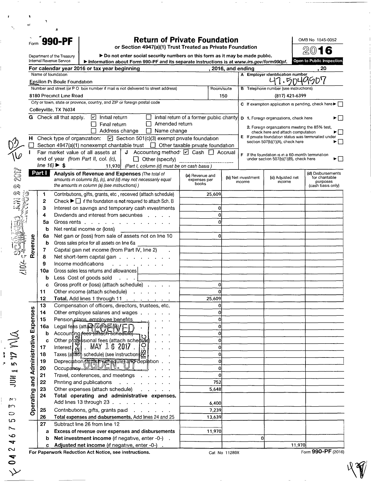 Image of first page of 2016 Form 990PF for Oar Success Foundation