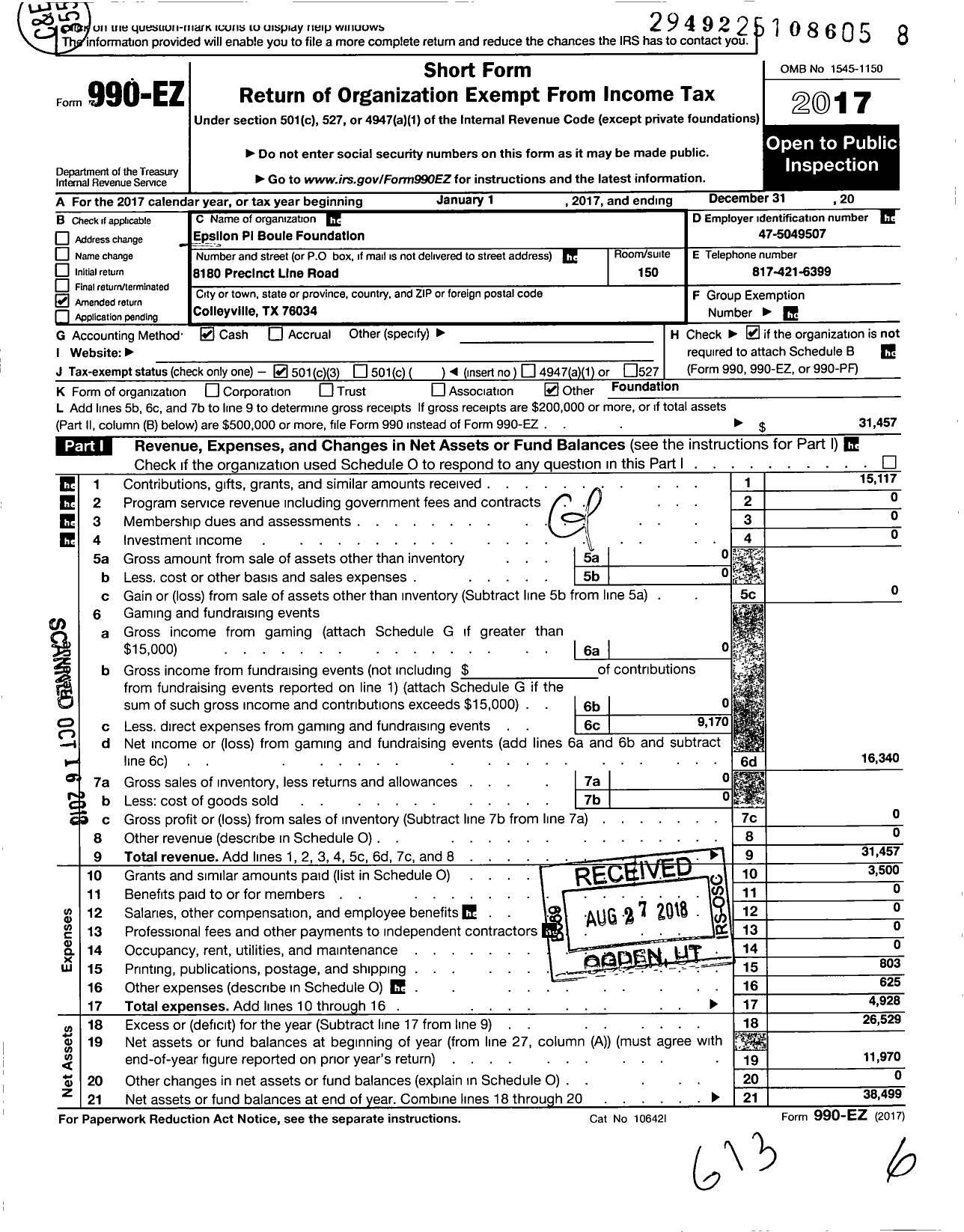 Image of first page of 2017 Form 990EZ for Oar Success Foundation