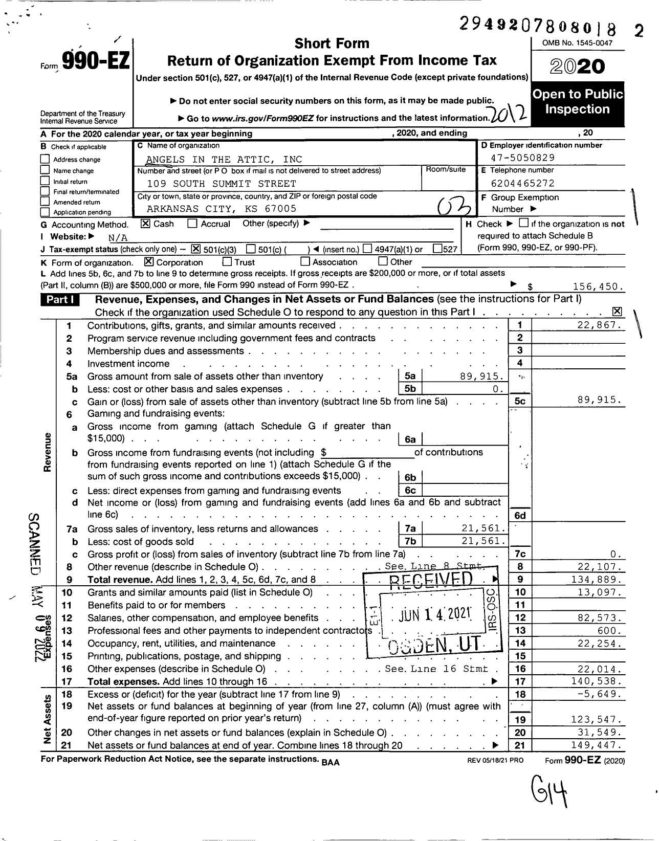 Image of first page of 2020 Form 990EZ for Angels in the Attic