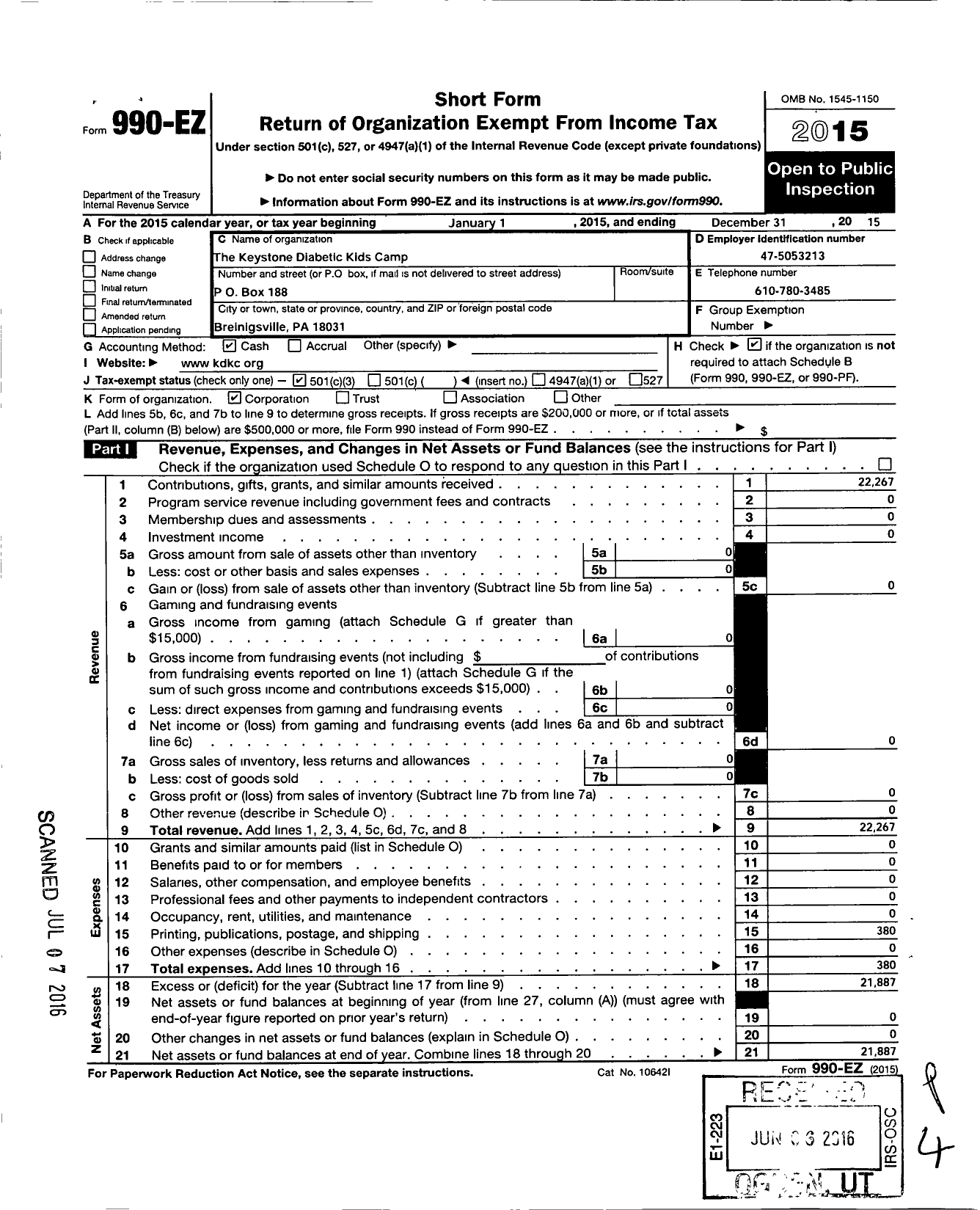 Image of first page of 2015 Form 990EZ for Keystone Diabetic Kids Camp