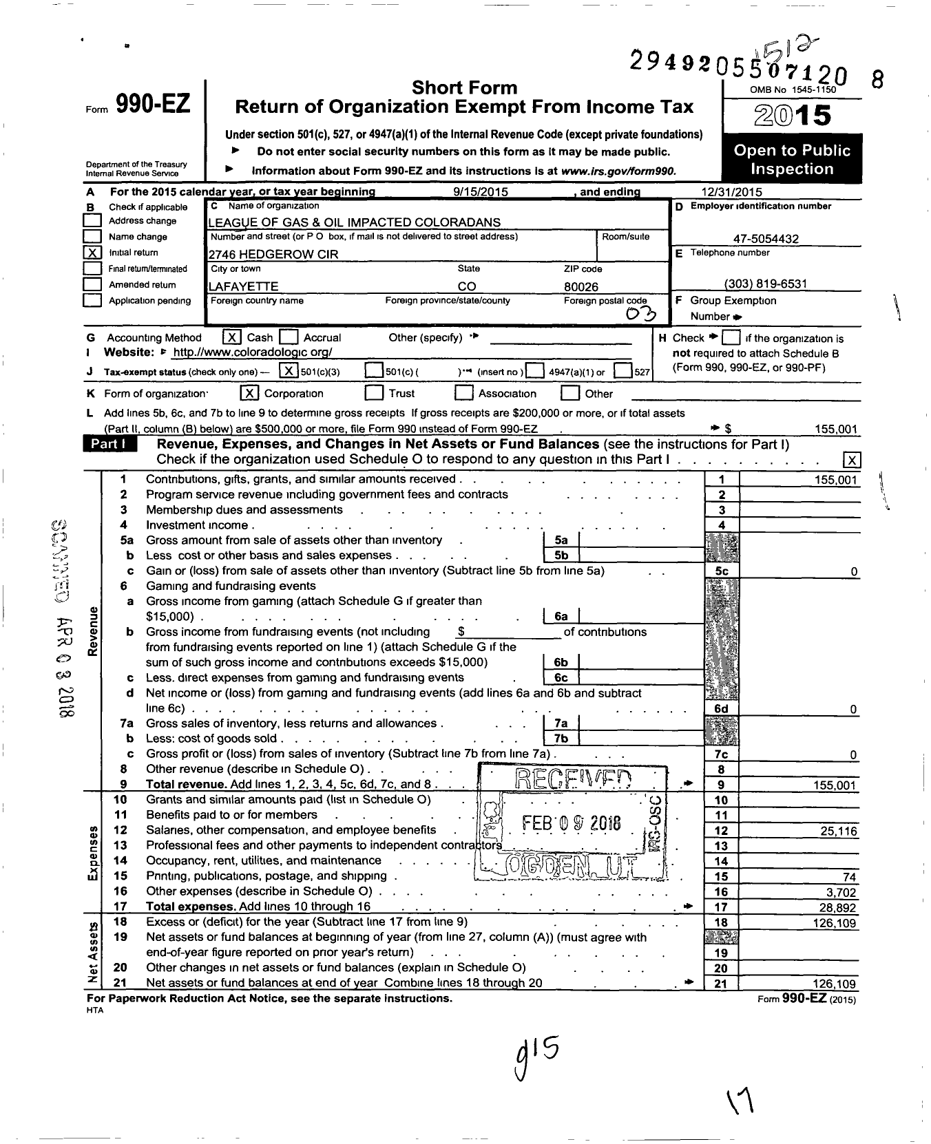 Image of first page of 2015 Form 990EZ for League of Oil and Gas Impacted Coloradans