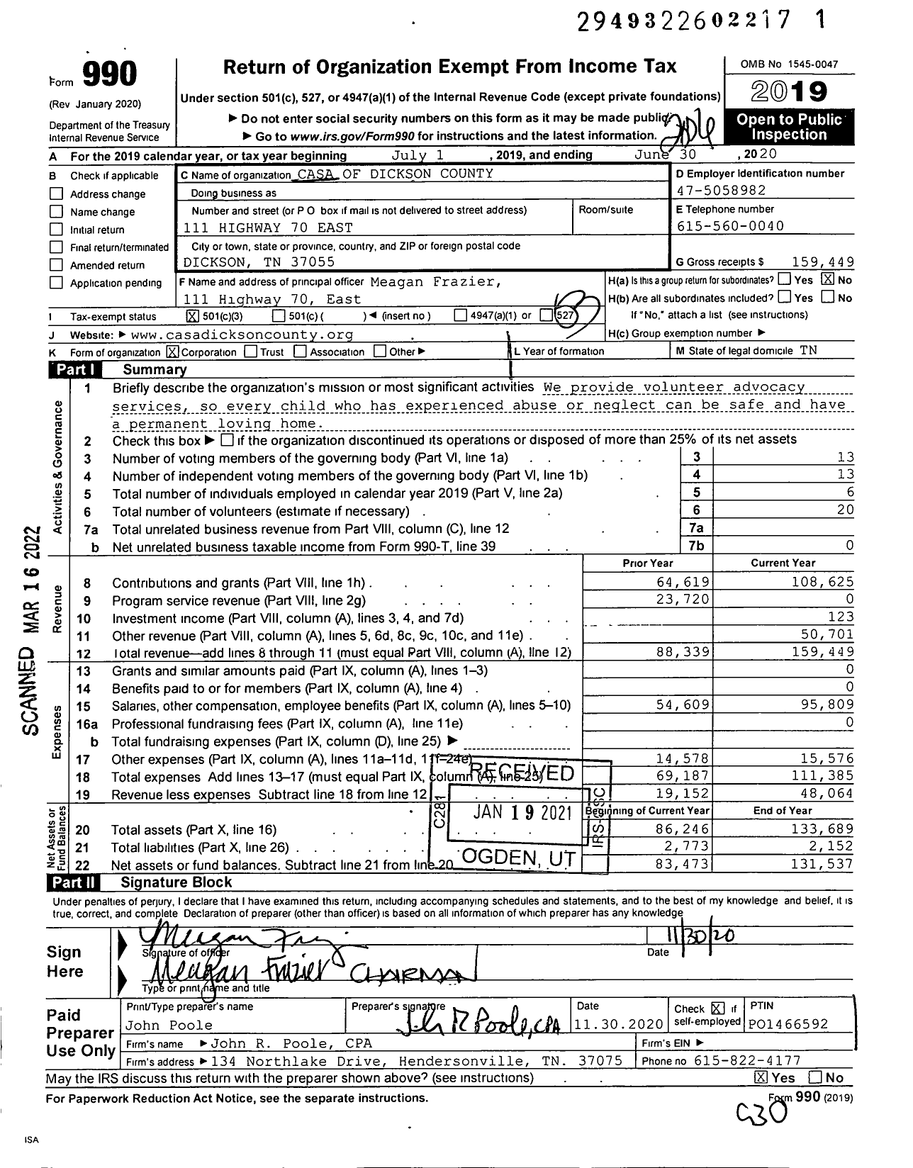 Image of first page of 2019 Form 990 for Casa of Highland Rim