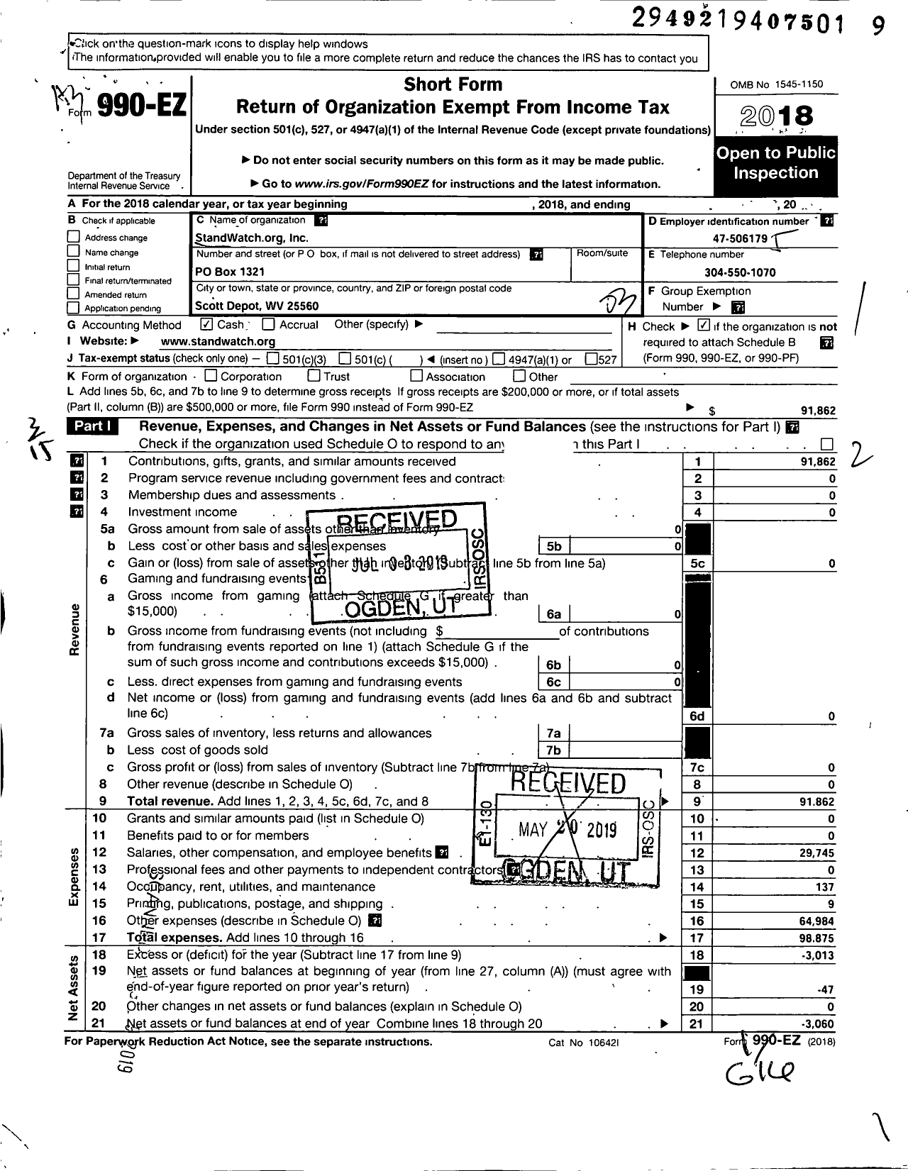 Image of first page of 2018 Form 990EZ for Standwatch Org