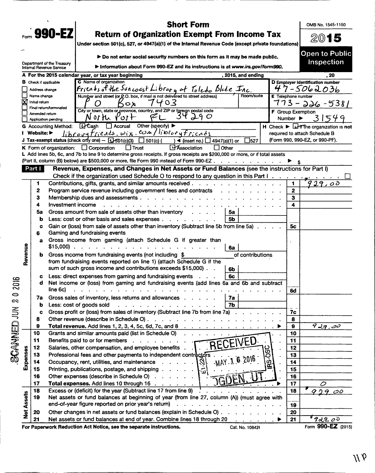 Image of first page of 2015 Form 990EZ for Friends of Shannon Staub Public Library