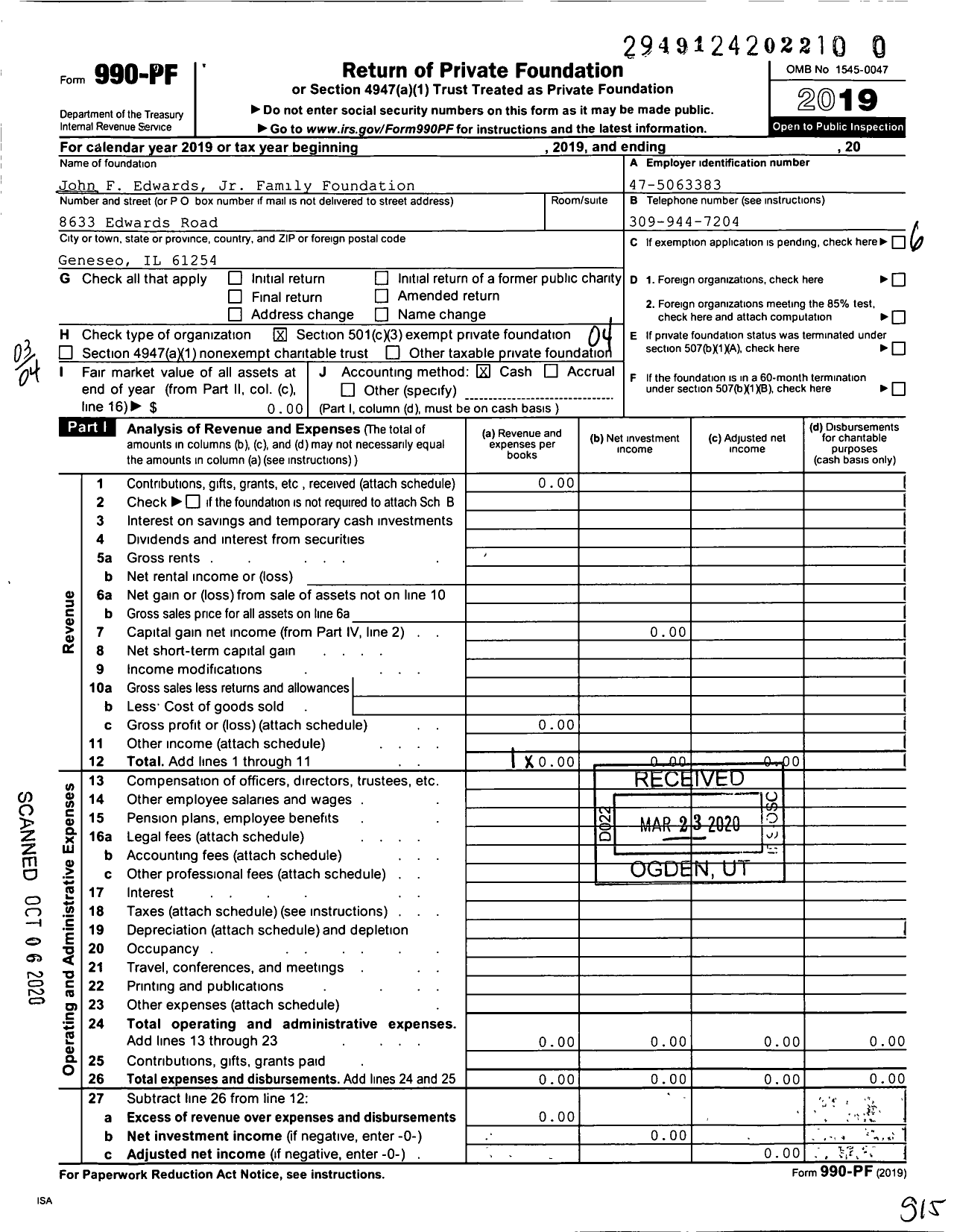 Image of first page of 2019 Form 990PR for John F Edwards JR Family Foundation