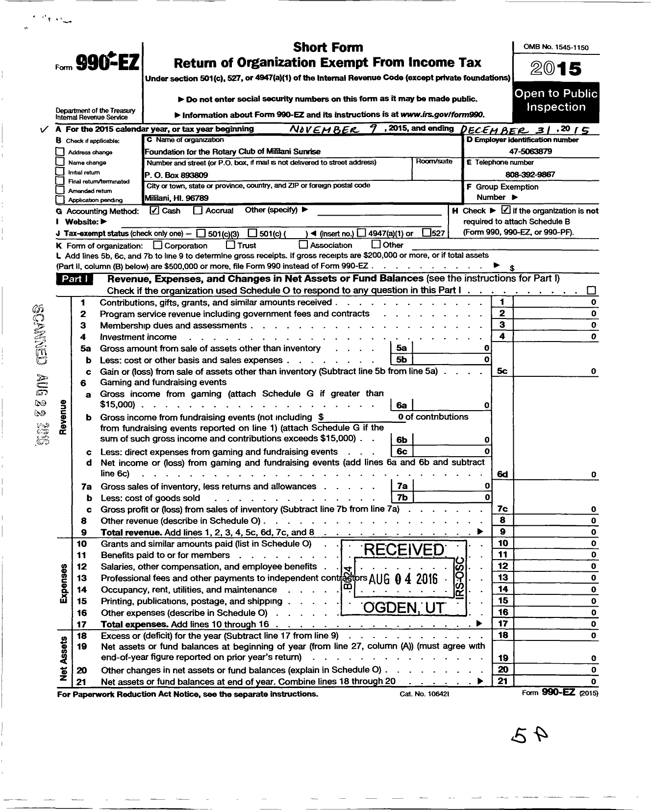 Image of first page of 2015 Form 990EO for Foundation for the Rotary Club of Mililani Sunrise