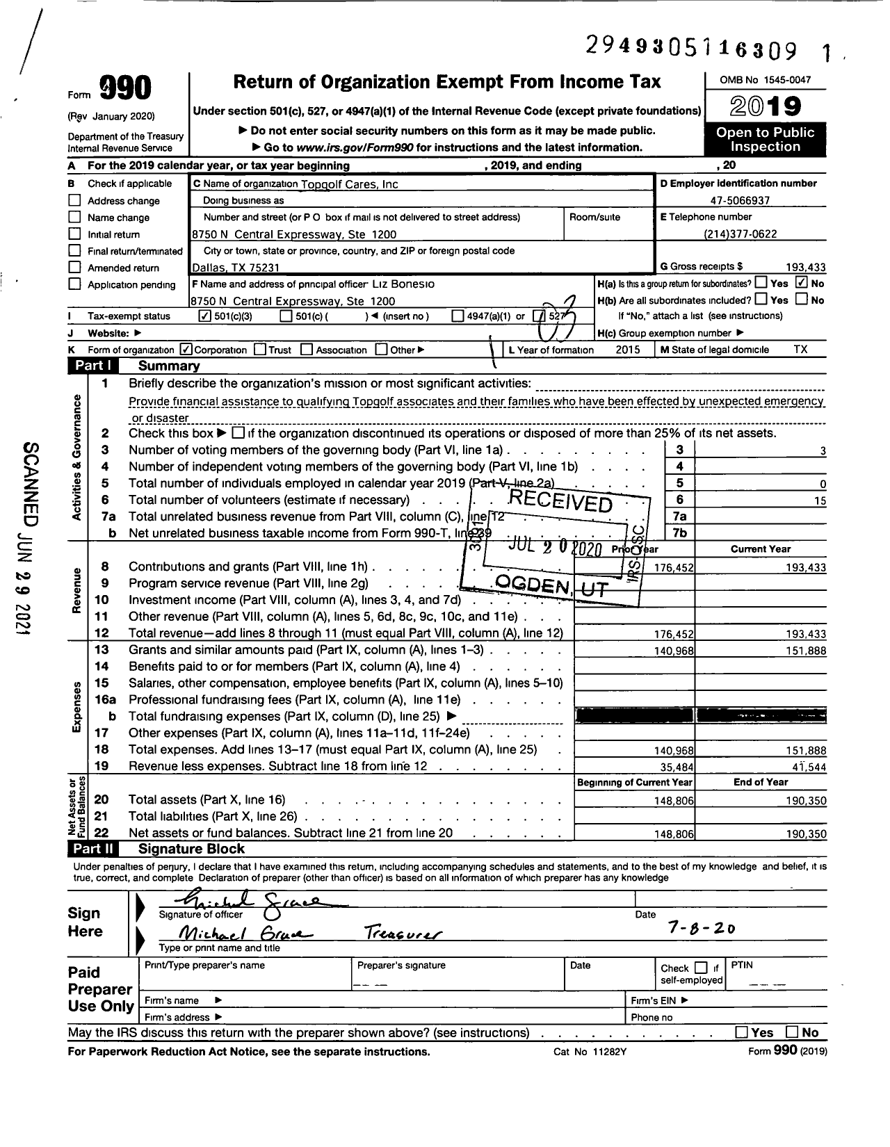 Image of first page of 2019 Form 990 for Topgolf Cares