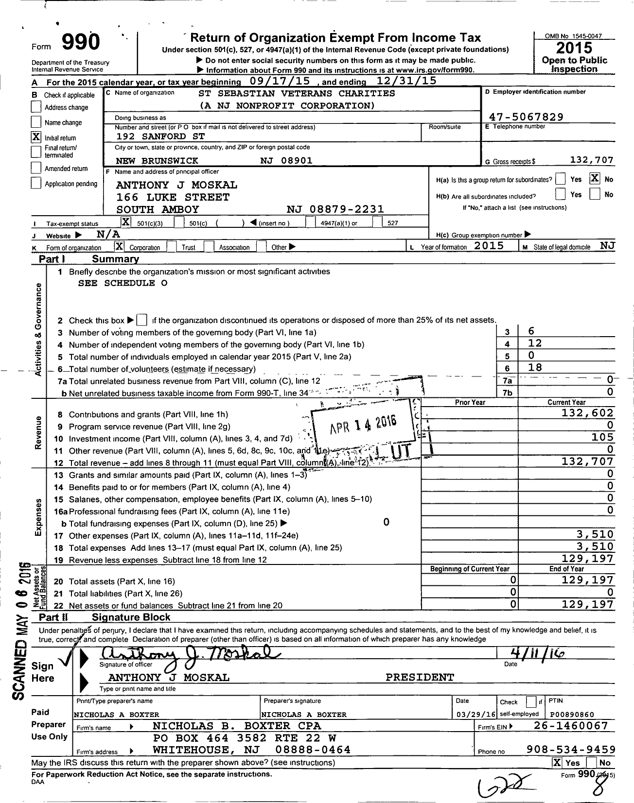 Image of first page of 2015 Form 990 for St Sebastian Veterans Charities A NJ Nonprofit Corporation