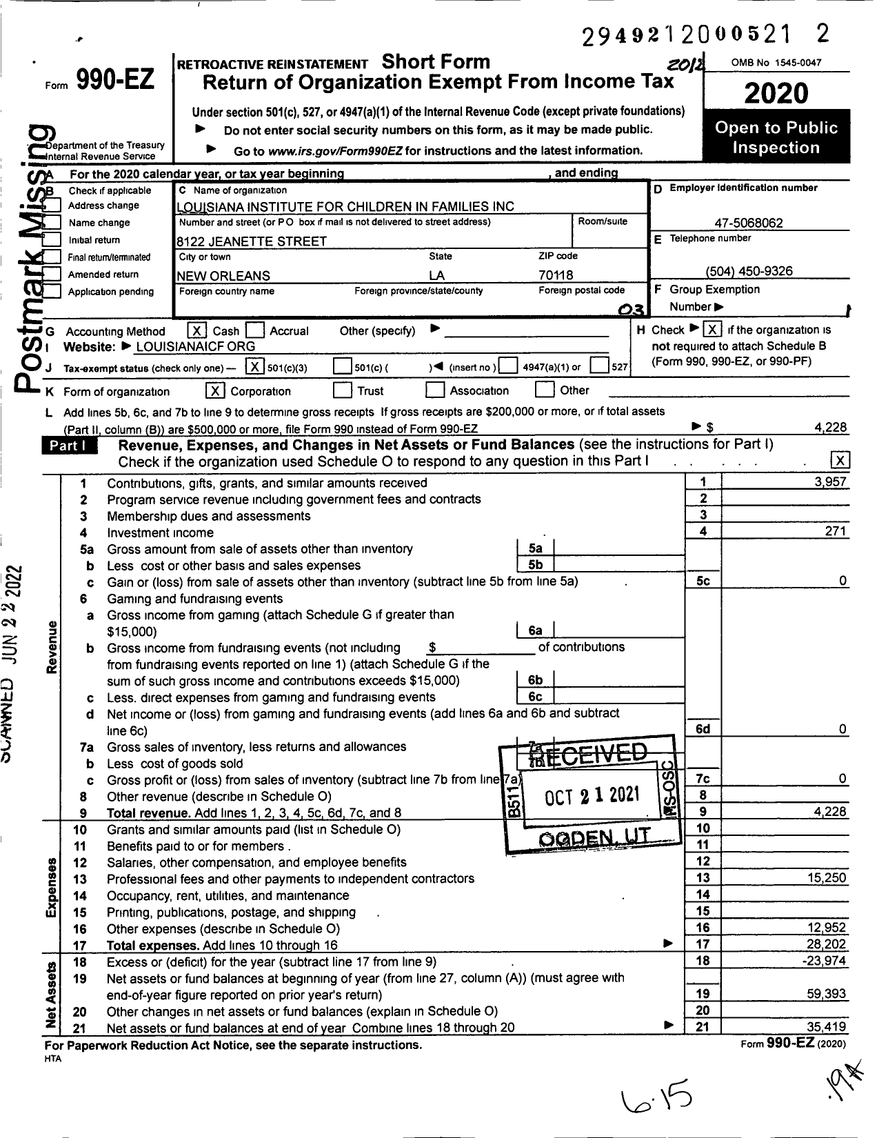 Image of first page of 2020 Form 990EZ for Louisiana Institute for Children in Families