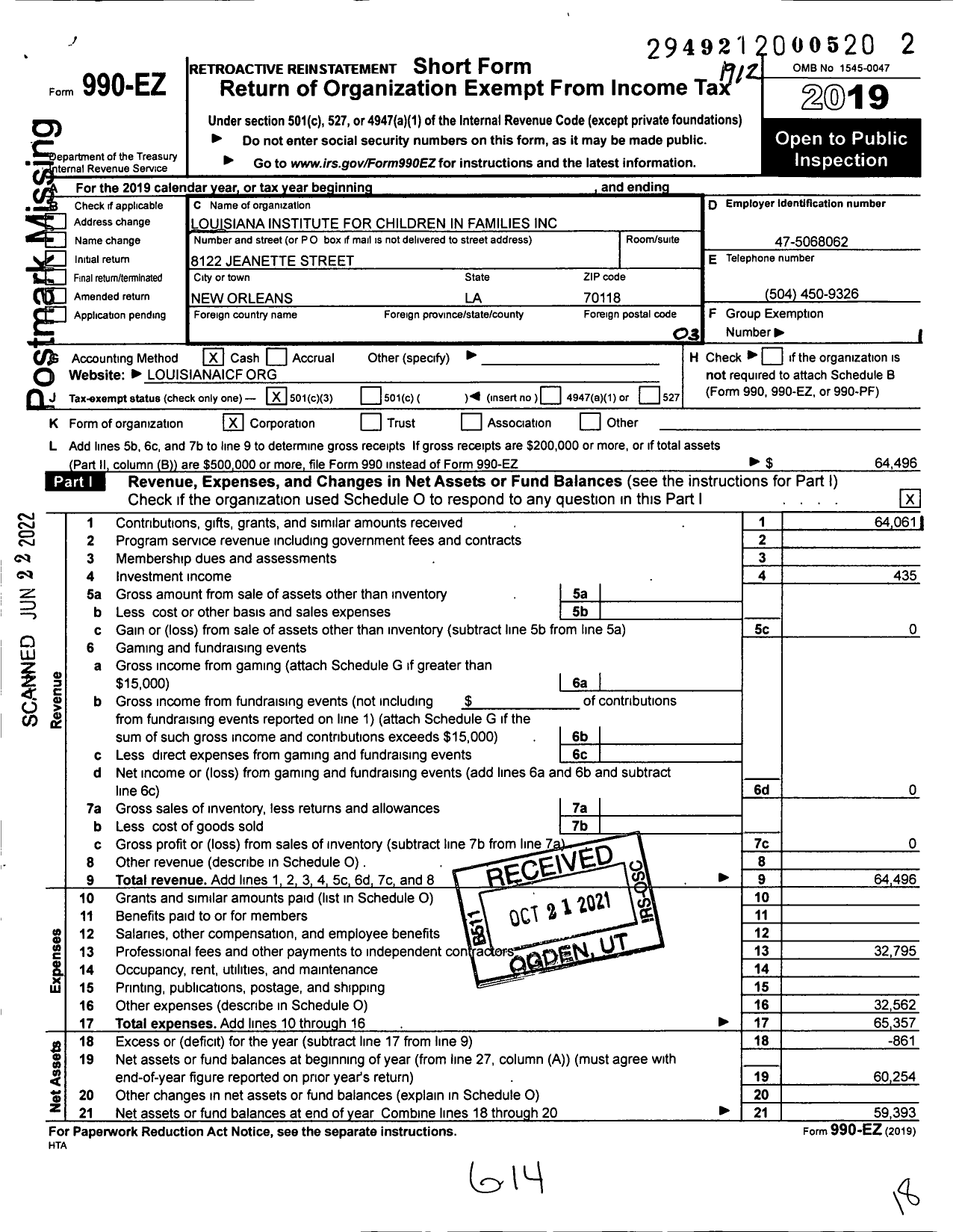 Image of first page of 2019 Form 990EZ for Louisiana Institute for Children in Families