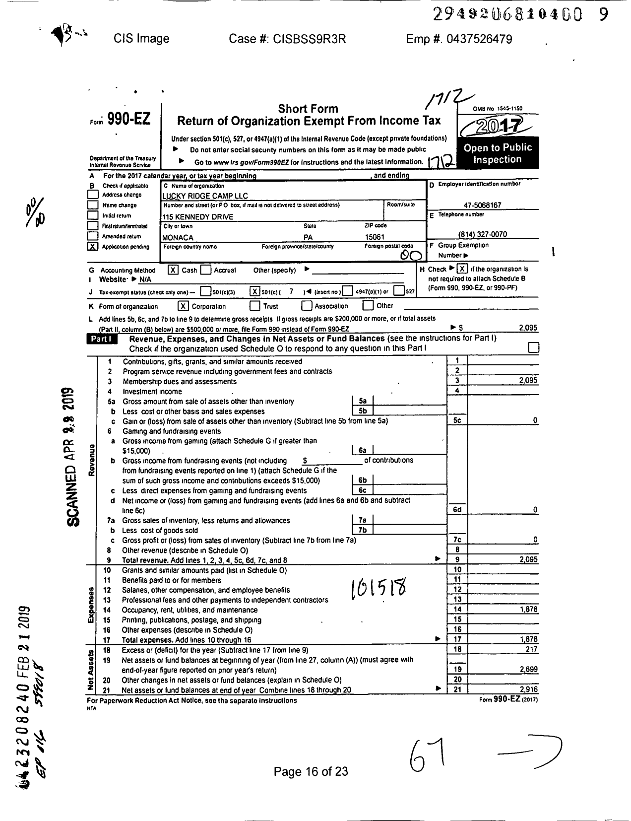 Image of first page of 2017 Form 990EO for Lucky Ridge Camp (LLC)