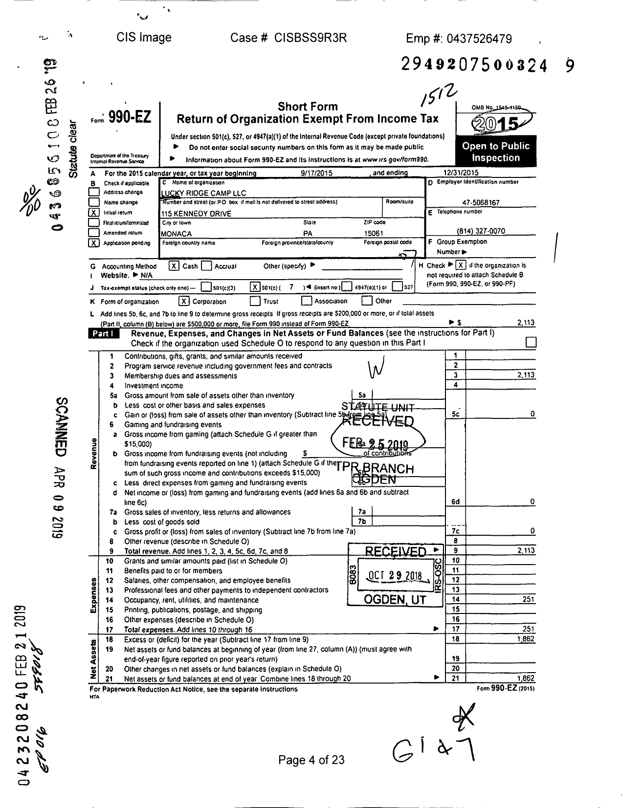 Image of first page of 2015 Form 990EO for Lucky Ridge Camp (LLC)